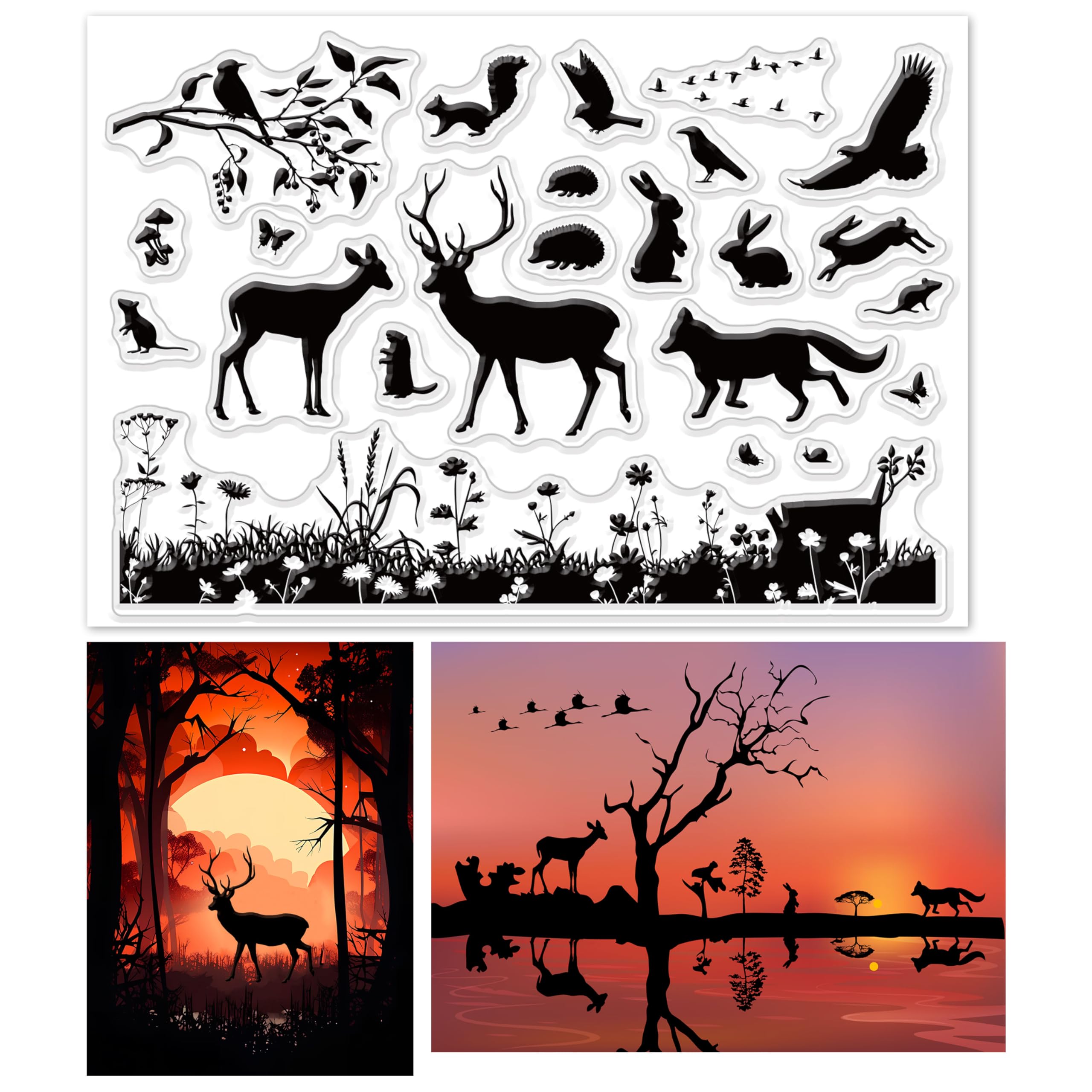 Kit Tampons Transparents Animaux Forêt - Silhouettes Cerf, Lapin, Oiseaux - 16x11cm - DIY Scrapbooking, Cartes