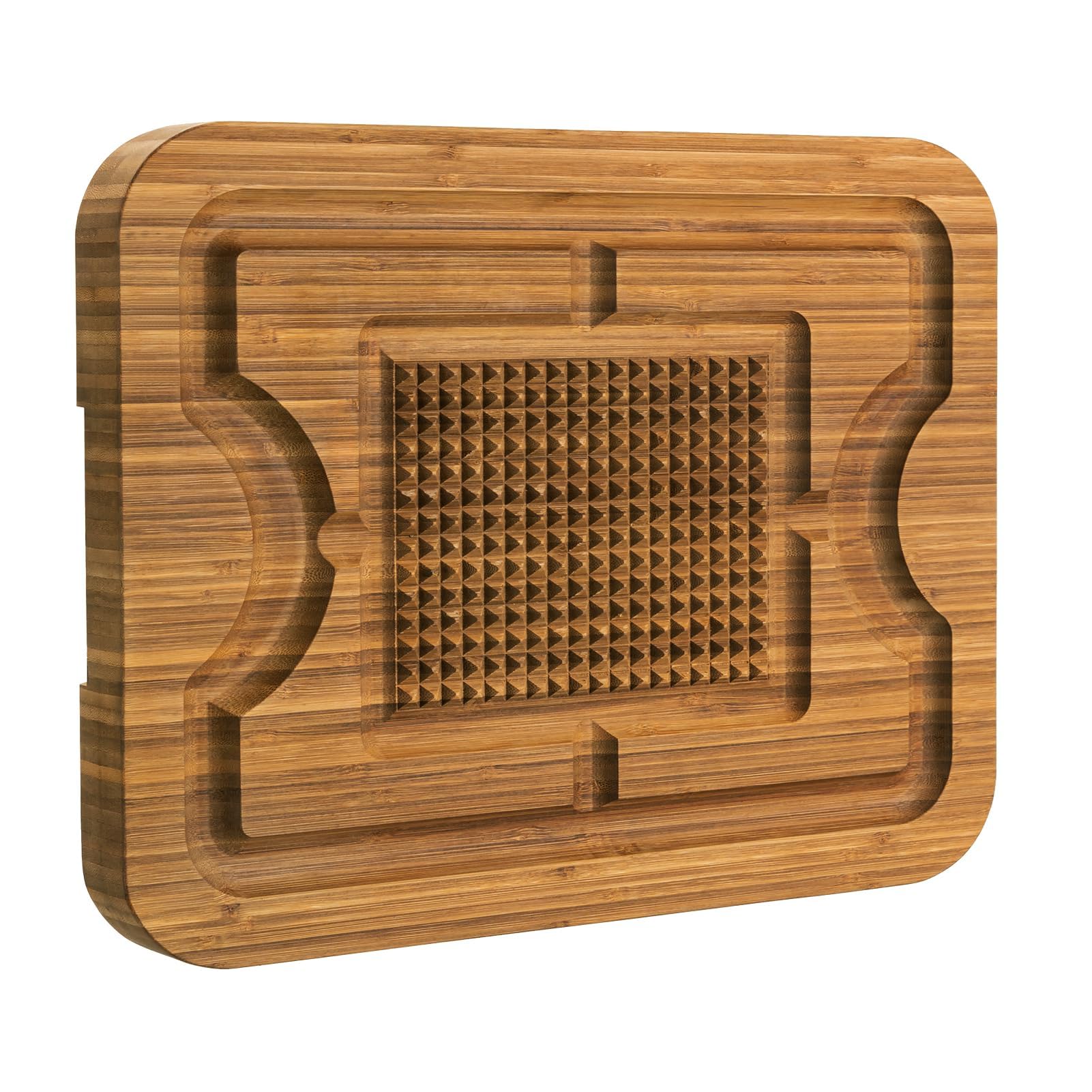eletecpro Turkey Cutting Board with Grid Grip, Large 17x13x1.5 Inch Bamboo Steak Carving Board, Thick Butcher Block Reversible with Deep Juice Drip Grooves, Thick Serving Tray,Dark Color