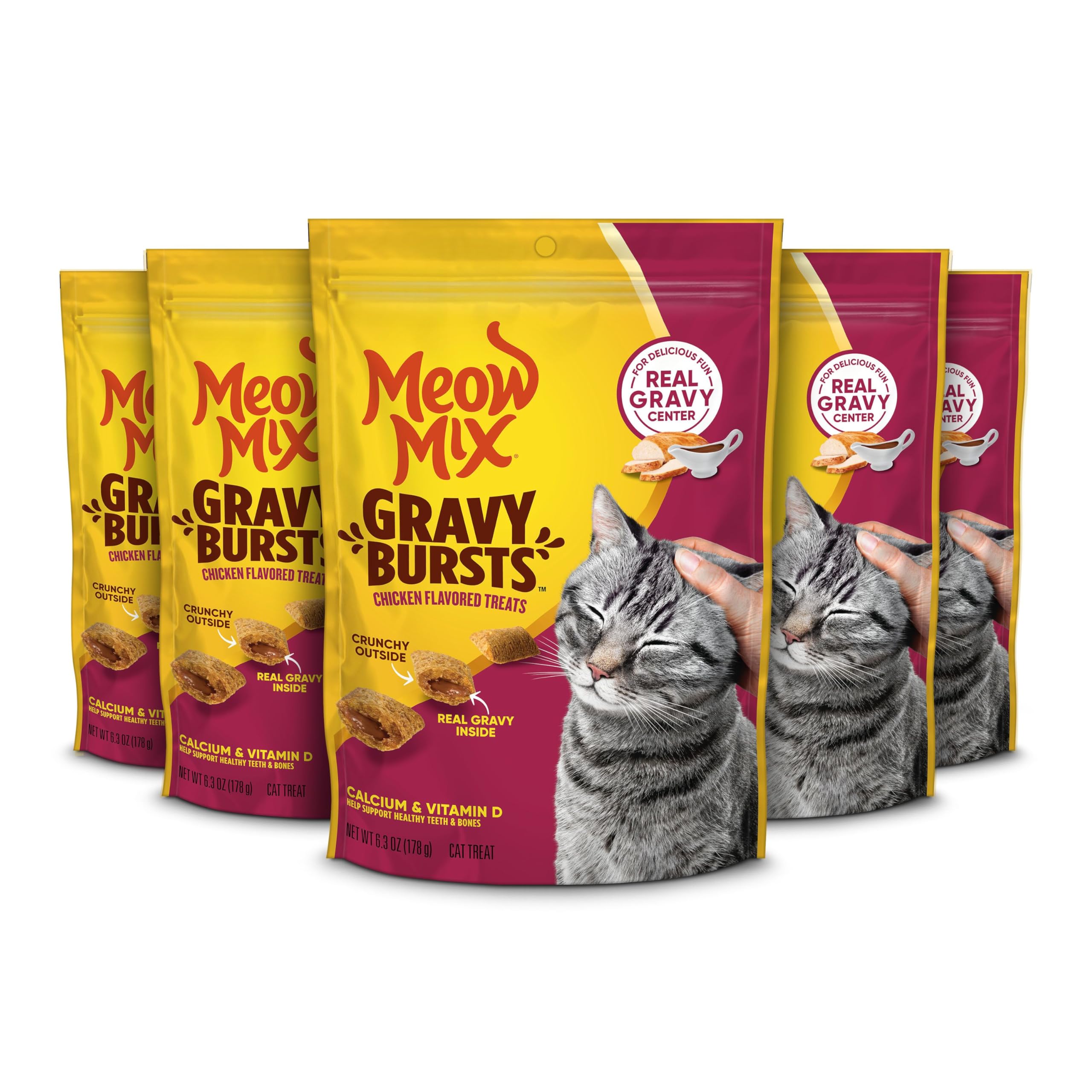 Meow Mix Gravy Bursts Chicken Flavored Cat Treats, 6.3 Oz. Bag (Pack of 5)