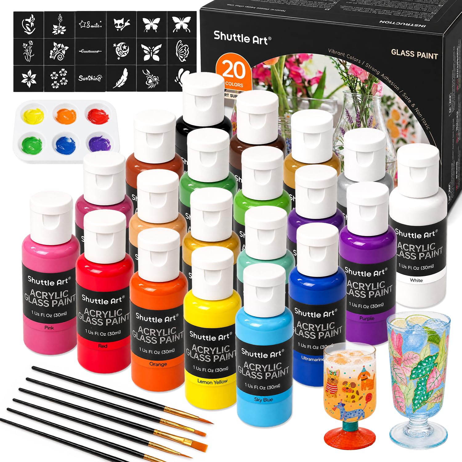 Shuttle Art 20 Colors Stained Glass Paint, 1oz/30ml Glass Painting Kit