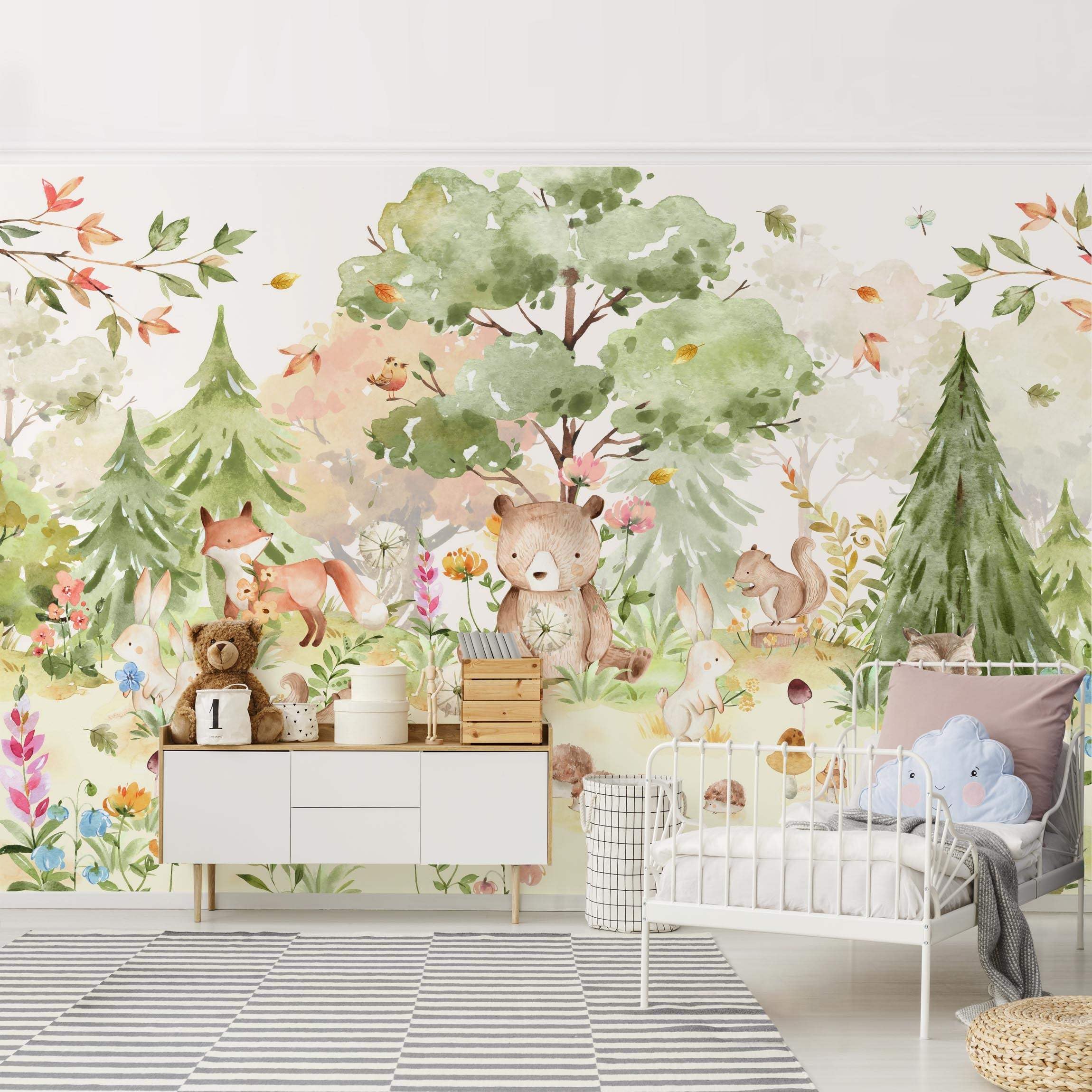 Bilderwelten Fototapete Babyzimmer Aquarell Waldtiere 190x288 cm Vlies-Tapete XXL Smart Wandtapete Wanddekoration Kinder Kinderzimmer