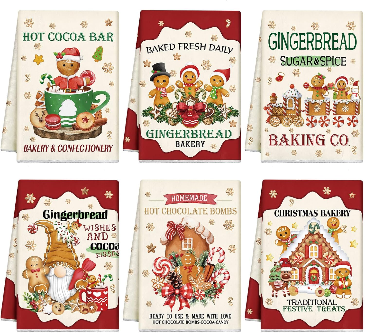 Hosuly 6 Pcs Christmas Kitchen Towels Christmas Gingerbread Man Dish Towel Funny Gingerbread Cookie Tea Towels Xmas Hot Cocoa Gnome Candy Hand Towels Housewarming Gifts for Kitchen Holiday Cooking