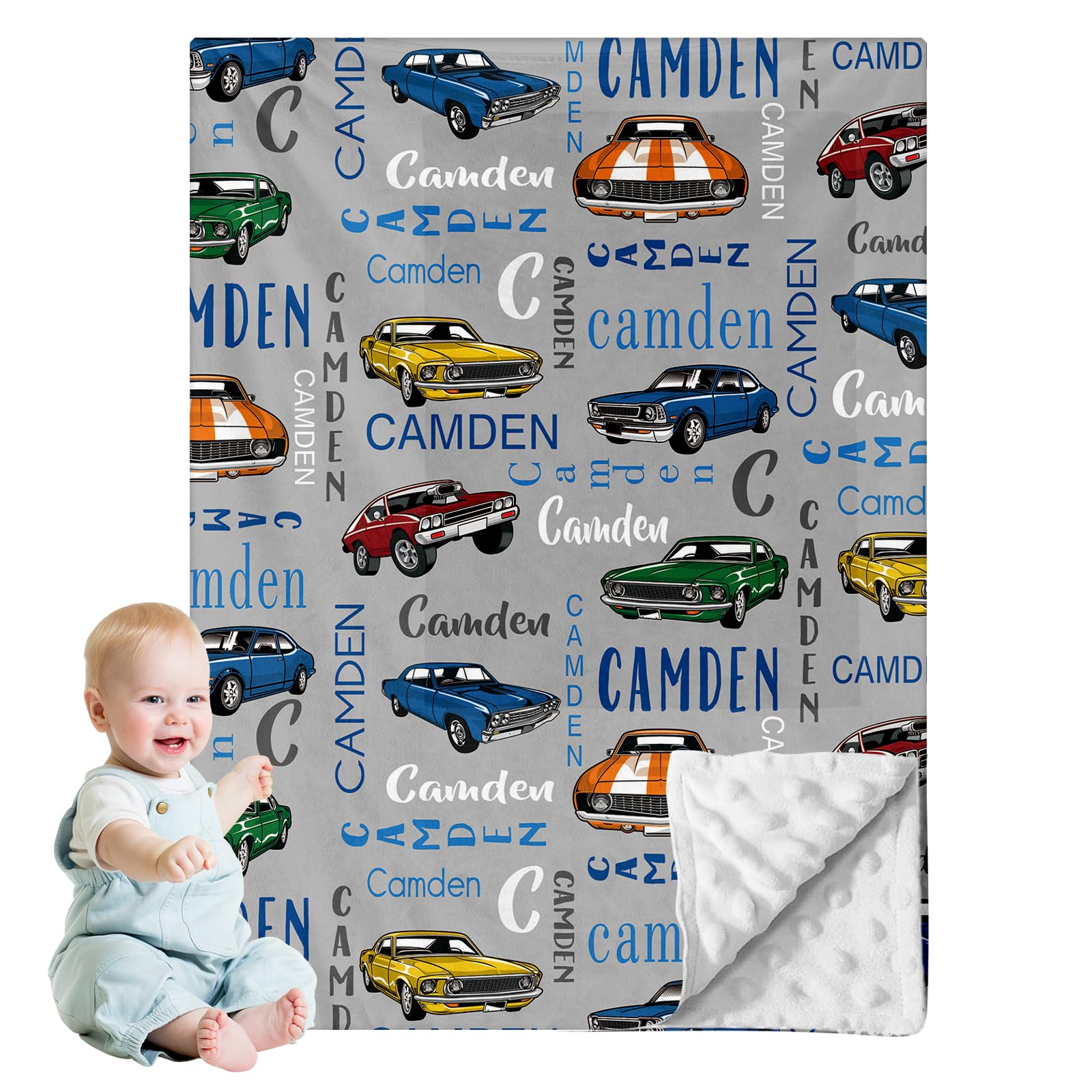 Personalized Baby Car Blankets with Name - Receiving Swaddle Blanket with Double Layer Dotted Backing Suitable for Baby Kids Teen Boys Girls Gift(30