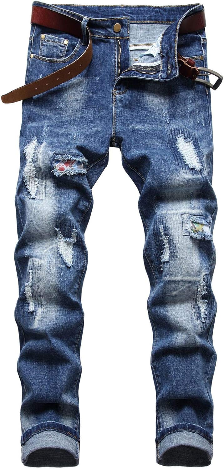 AITITIA Men’s Patch Ripped Regular Fit Stretch Jeans