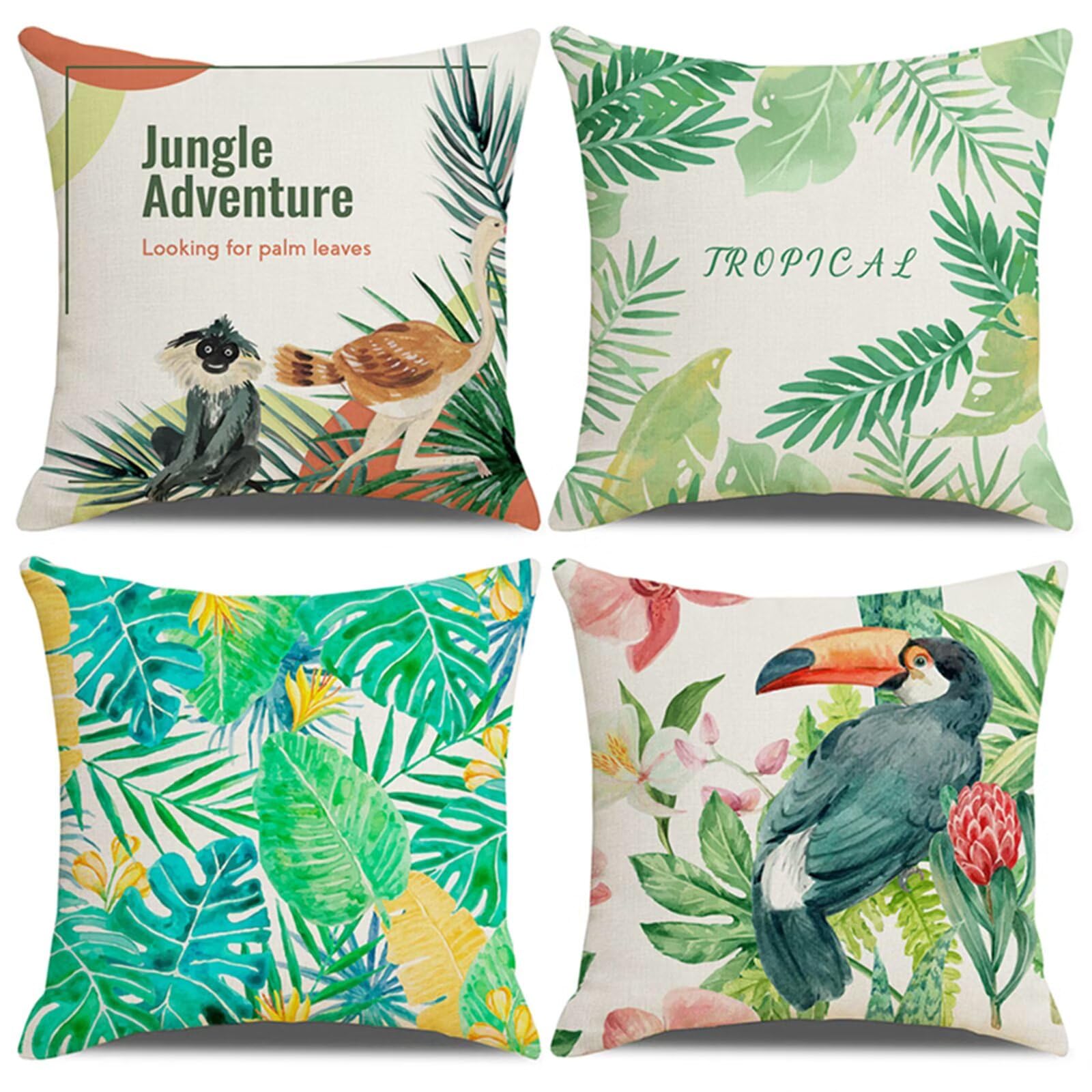 Juego de 4 Impermeable Funda de Cojín Pájaro caducifolio tropical,55x55cm Moderno Suave Transpirables Lino Fundas de Almohada Cojines Decor con Cremallera Oculta para Exterior Sofá Cama Coche Hogar
