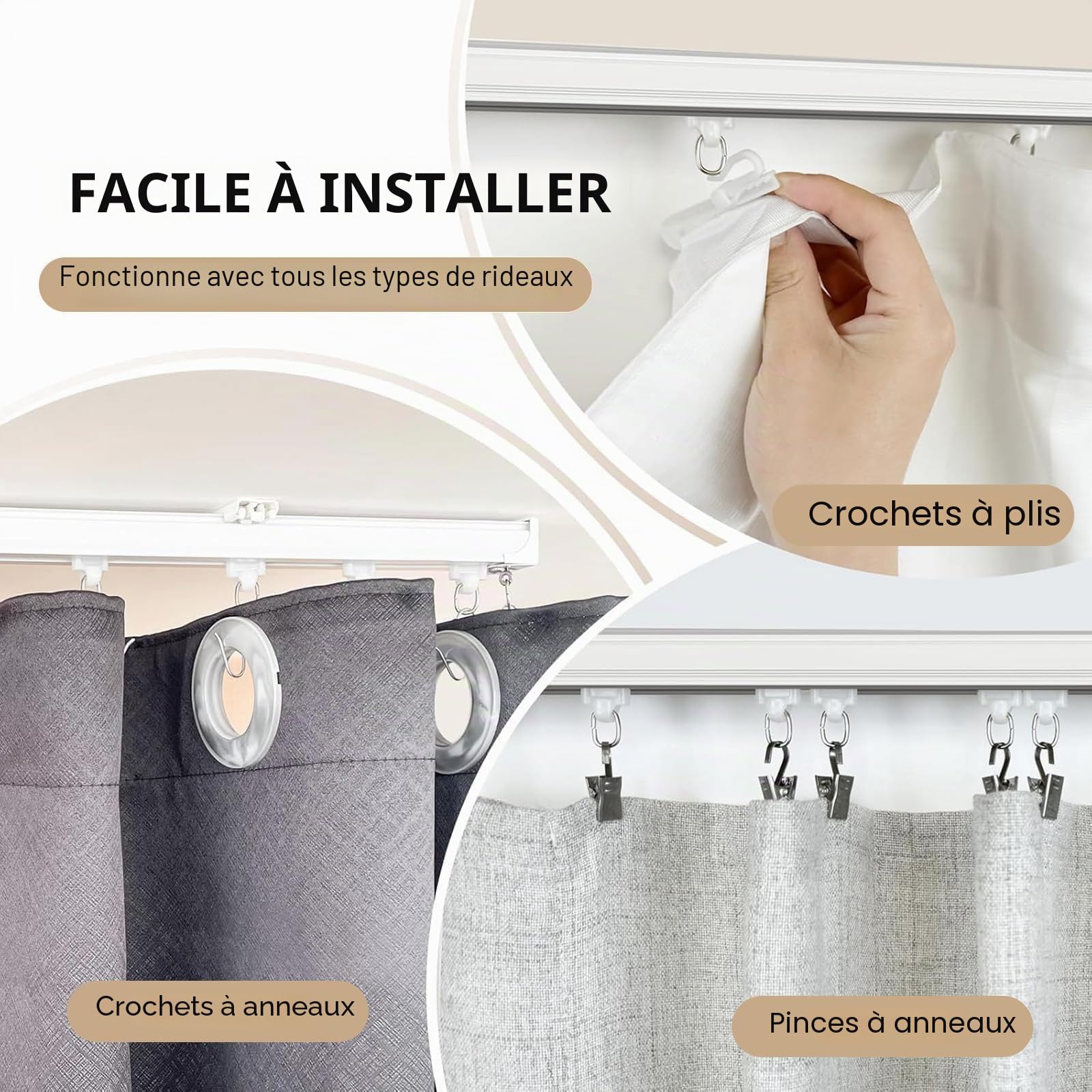Rail de rideau de plafond robuste - Système de tringles à rideaux - Séparateur de pièce - Rails de plafond - Crochets coulissants - 2,7 m - Blanc