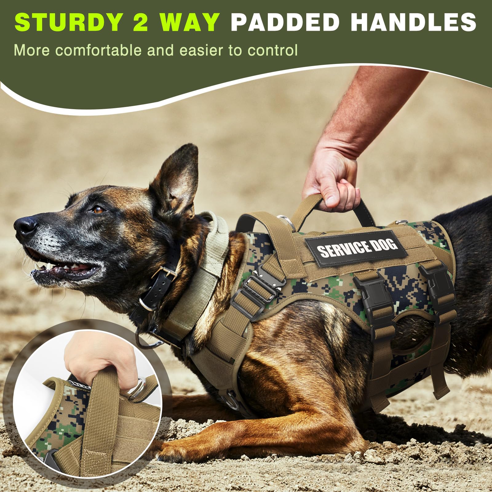 WINSEE Pettorina tattica per cani con guinzaglio per cani, gilet MOLLE da lavoro con 10 toppe per animali domestici, imbracatura militare senza tirare e zaino per addestramento, caccia, passeggiate