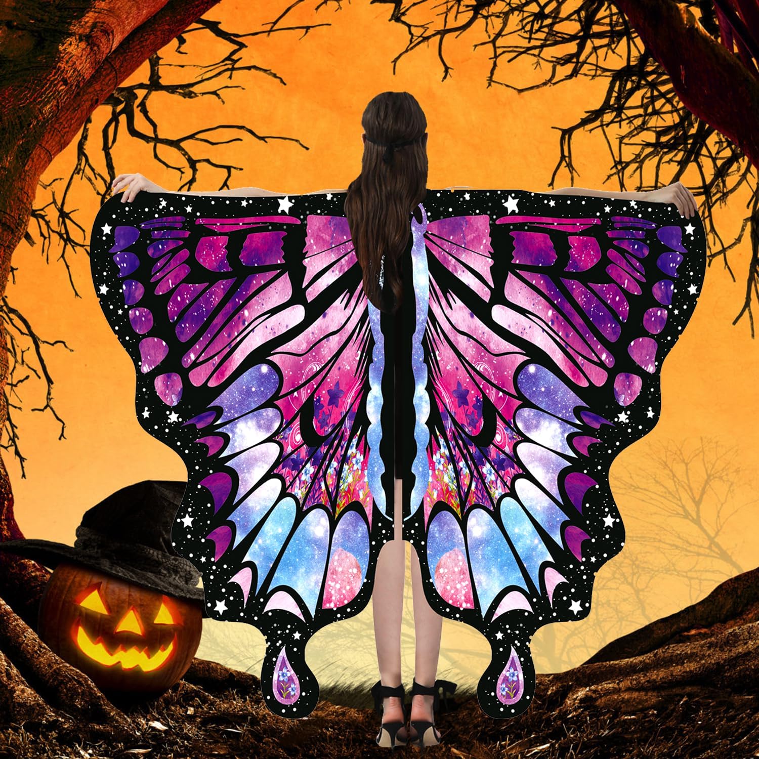 Butterfly Costume for Women, Adult Butterfly Wings Halloween Party Costume with Lace Mask and Antenna Headband - Image 4