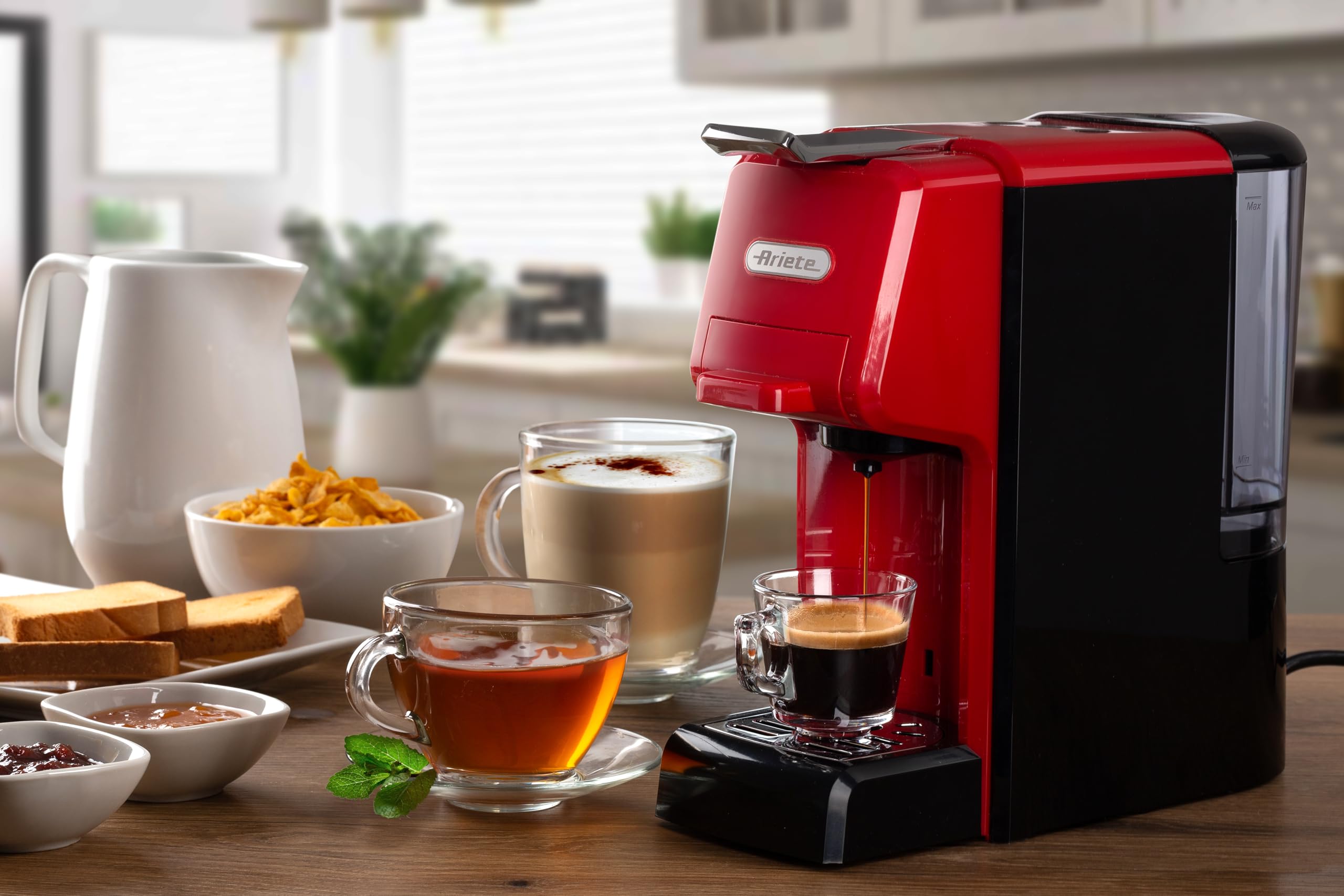 Ariete 1304/1 Macchina da caffè a cassetti, 1350W, Capacità serbatoio 0,7L, Pressione 19 bar, 3 tipologie di cassetto, Cialde e Polvere, Rosso