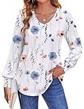 Women&apos;s Puff Long Sleeve Shirts Pleated V Neck Fall Tunic Tops Blouse Dressy Casual Loose Summer T-Shirts