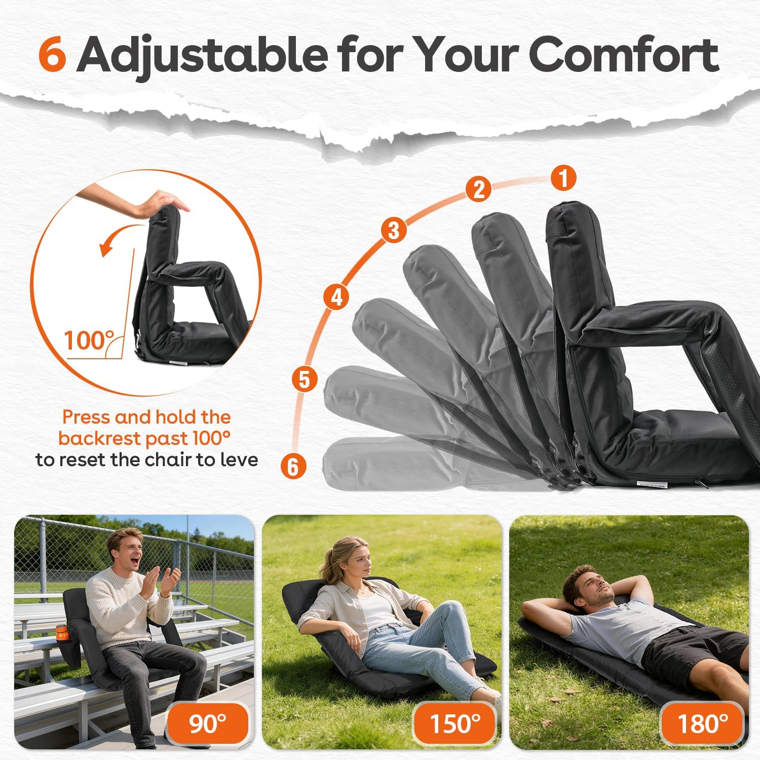 Suteck Stadium Seats with Back Support, Extra Wide Folding Bleacher Chairs, 6-Position Recline, Waterproof with Side Storage Bags, Portable Cushioned Seats for Outdoor Sports & Events