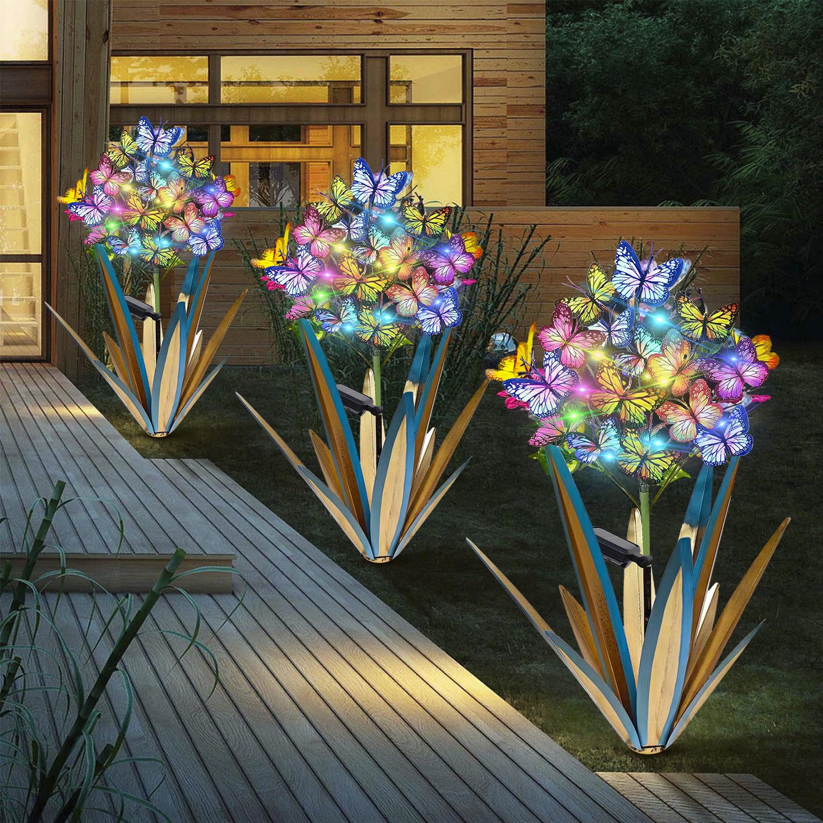 Solar Metal agave butterfly flower stick garden sculpture outdoor gift Solar Garden Christmas Lights Swaying Butterfly Sunflower Garden Lights Solar Outdoor (3 PCS BLUE)