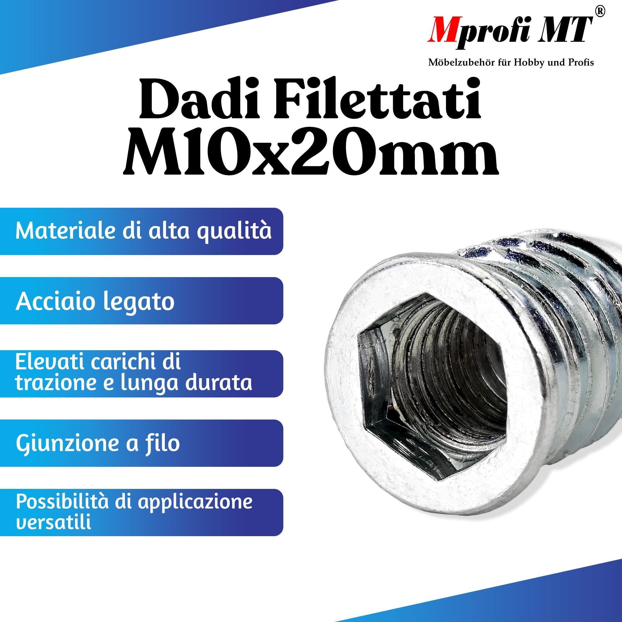 Mprofi MT® 10 Pezzi | Dado Esagonale Inserti M10 x 20mm | Inserti Filettati | Manicotti Filettati | Inserto in Legno per Dadi | per Mobili in Legno | Dado a Vite con Chiave Esagonale