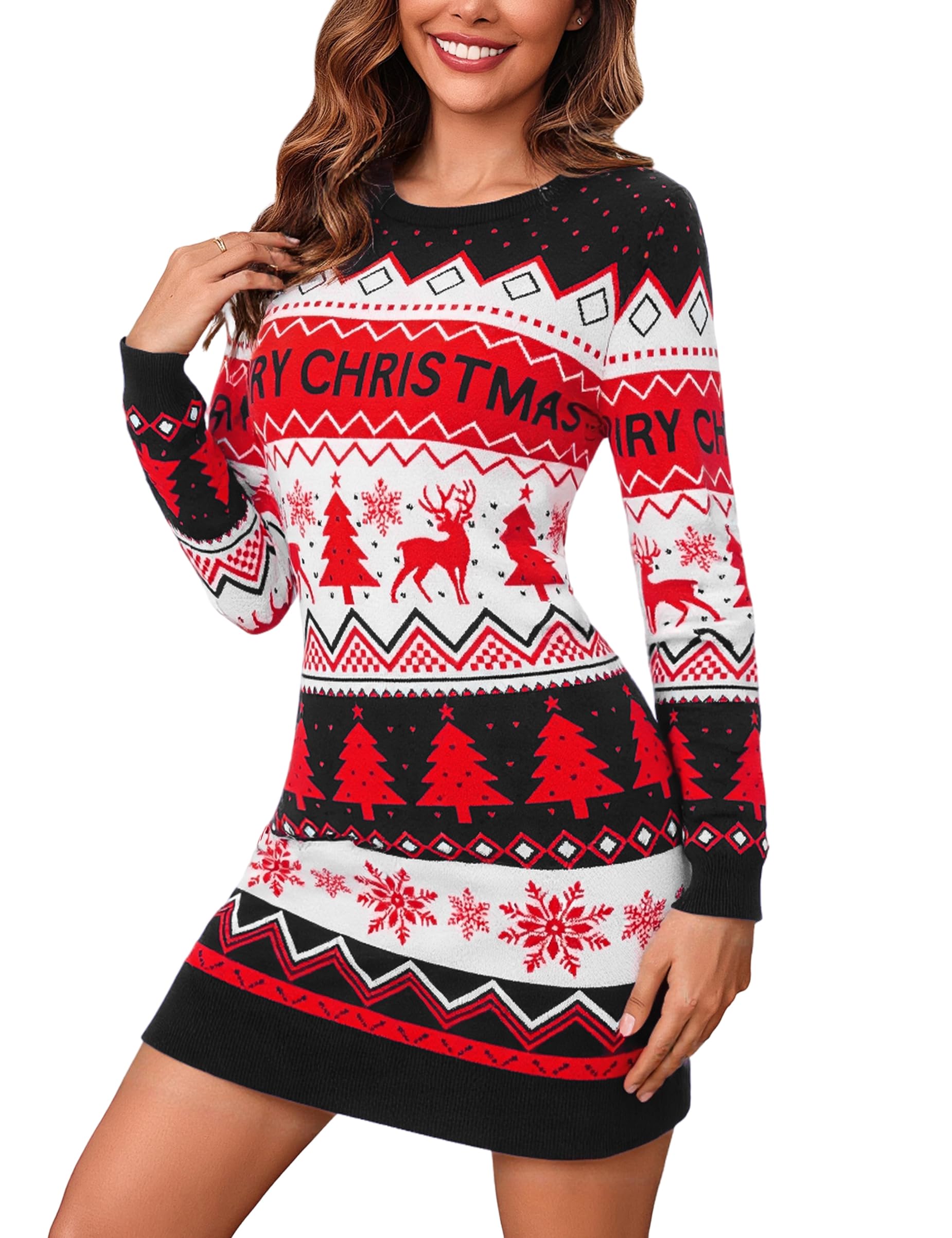 Bresdk Strickkleid Damen Weihnachten Langarm Pulloverkleid Knielang Elegant Winterkleid Strickpullover