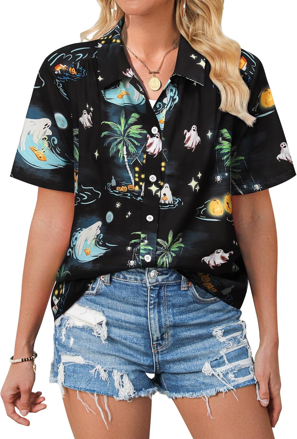 Womens Halloween Hawaiian Shirt Cute Pumpkin Ghosts Print Button Down Shirts Short Sleeve Loose Fit Castle Blouses Tops - Image 4