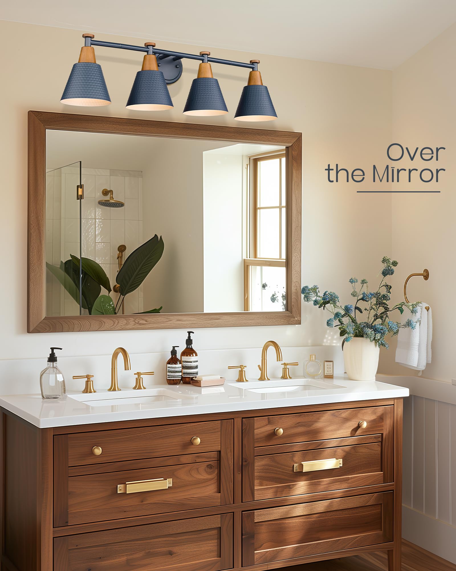 Condition photo showing New/Like New for 4-light bathroom light fixtures, farmhouse modern vanity lights wall lamp with hammered metal shade finish, dark blue, 4fg59b-4w blue