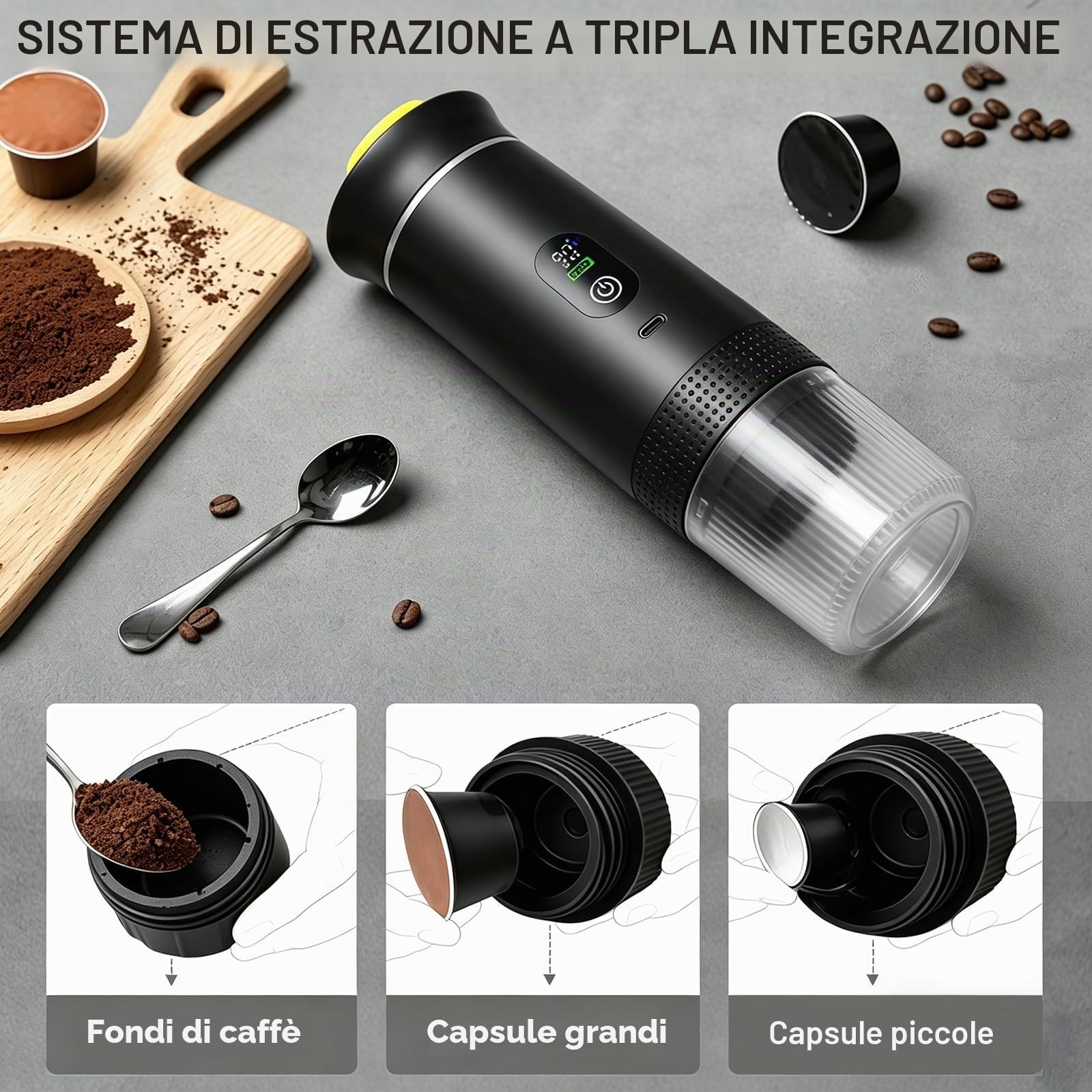 Macchina per caffè espresso portatile, 3 in 1, con batteria, mini macchina da caffè da viaggio, compatibile con capsule di caffè e caffè macinato, per auto, campeggio, escursionismo, ufficio, camper