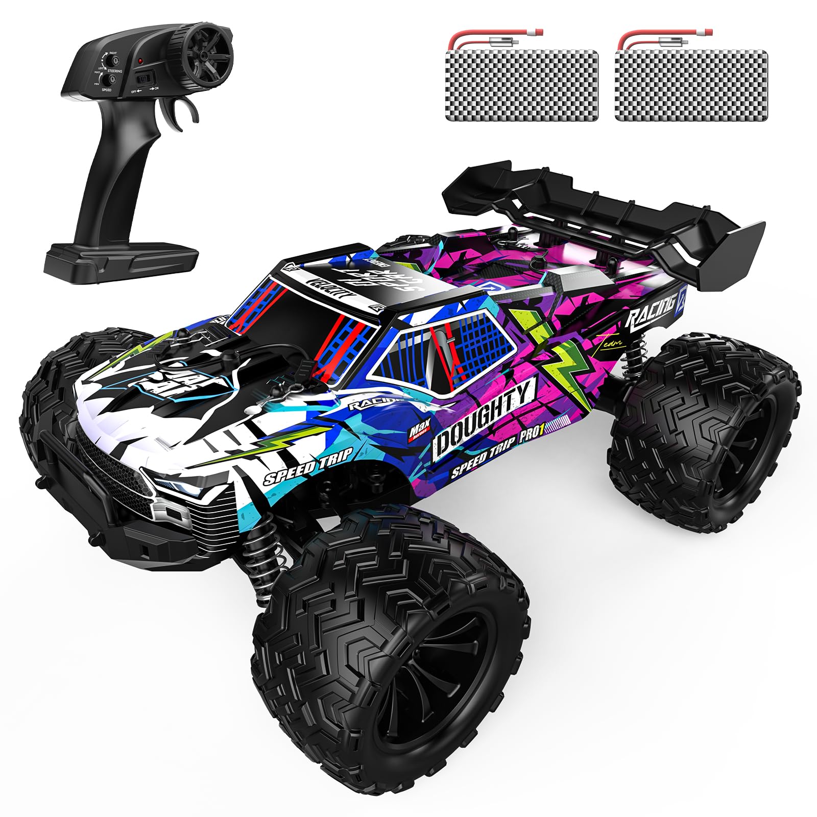 DEERC 1:16 Scale 4WD High-Speed RC Truck – Dual Motors, Dual Differentials, 2 Rechargeable Batteries for 50-Min Play, 2.4GHz Off-Road All-Terrain Monster Car with Shock Absorbers, Remote Control Vehic