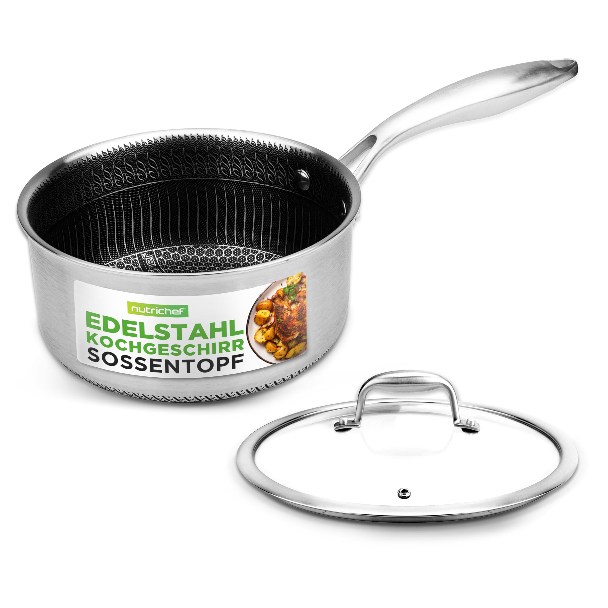 Nutrichef Stielkasserolle Ø 19cm, 2 L Topf Klein- aus Edelstahl mit Glasdeckel – Kratzfeste Wabenstruktur, Hochwertiger Saucentopf für Kleine Mengen, Saucen & Butter, Sortiert