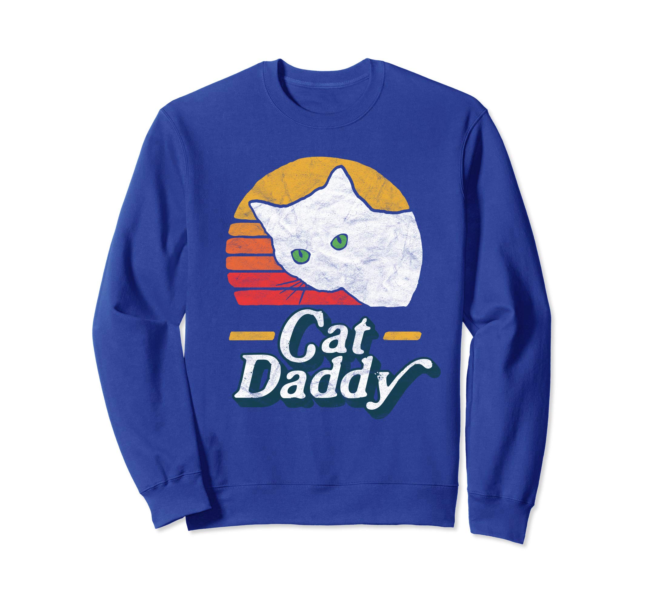 Cat Daddy Vintage Eighties Style White Cat Retro Distressed Sweatshirt, Blue