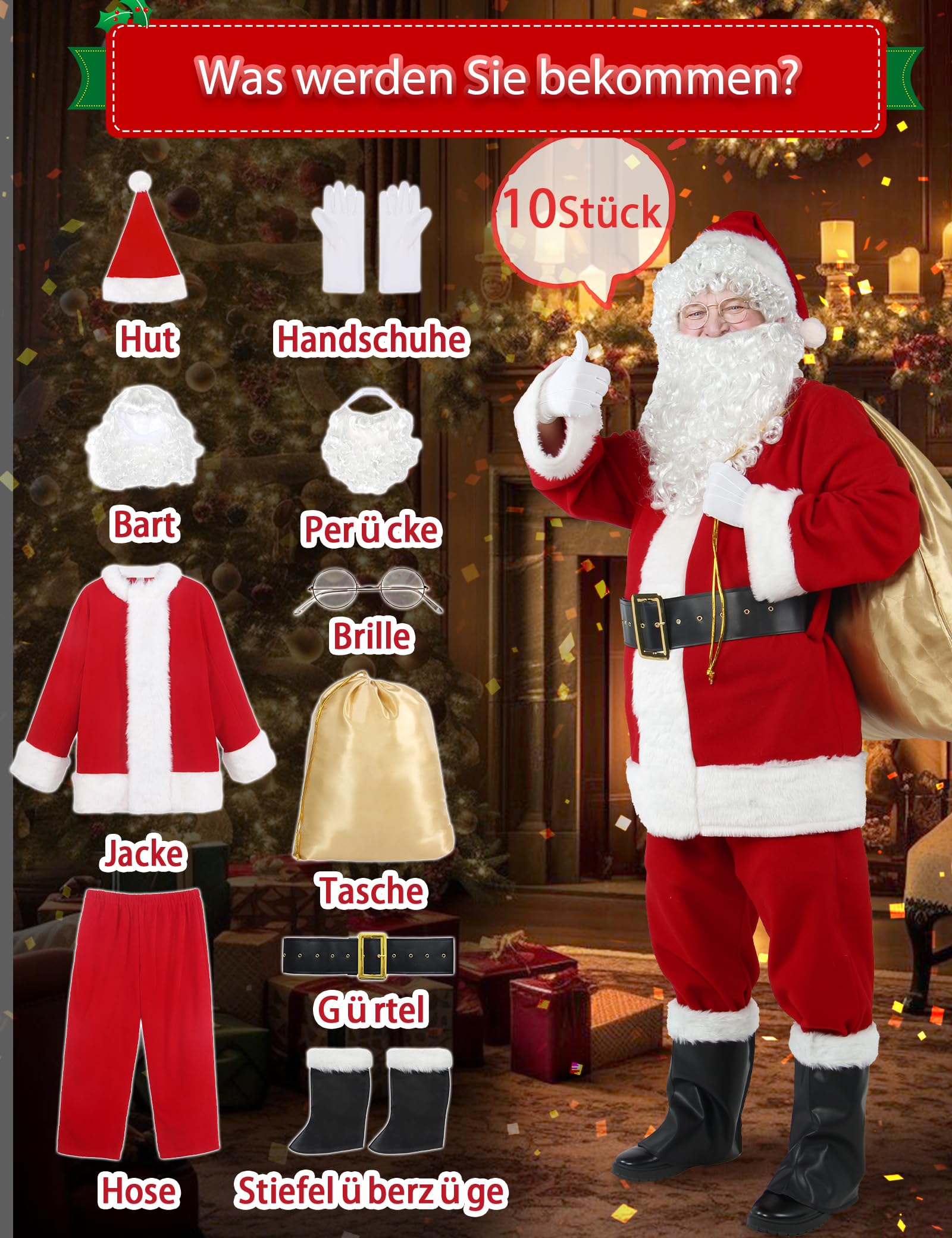 Gardentime Weihnachtsmann Kostüm für Männer Weihnachtsmann Anzug Erwachsene 10pcs Weihnachten Deluxe roten Samt Outfit Weihnachten Urlaub Party Cosplay