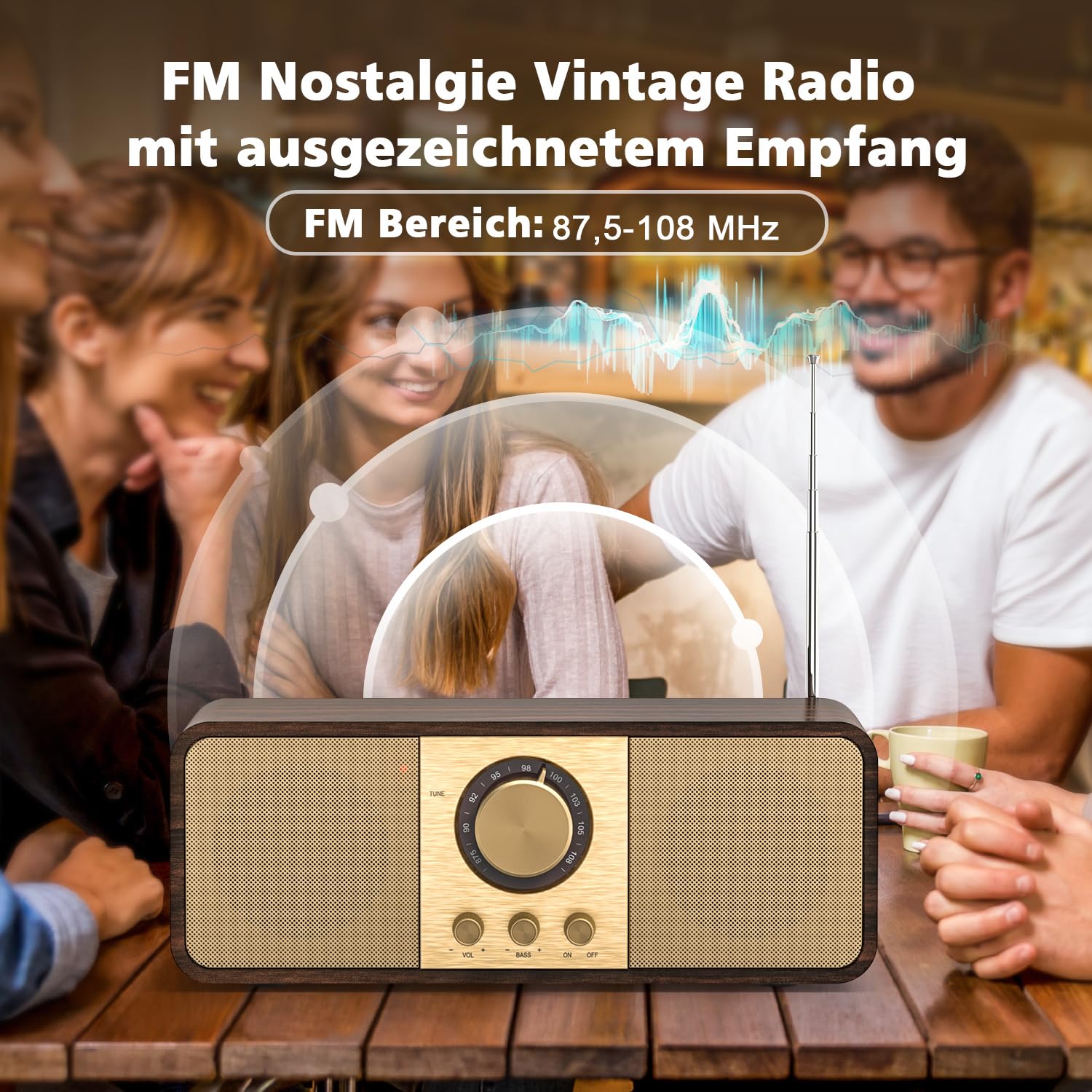 Radio nostalgica, radio retrò con Bluetooth e scheda TF | Alimentazione a batteria da 3000 mAh, con subwoofer da 2 x 8 watt, radio retrò con AUX/USB, radio per cucina/camera da letto