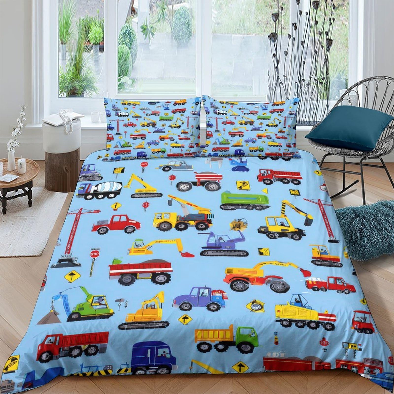 TUFRTGYHN 3D Printed Construction Vehicles Duvet Cover Microfiber Blue Soft Breathable Trucks Bedding Set with 2 Pillowcases for Bedroom Decor Single（135x200cm）