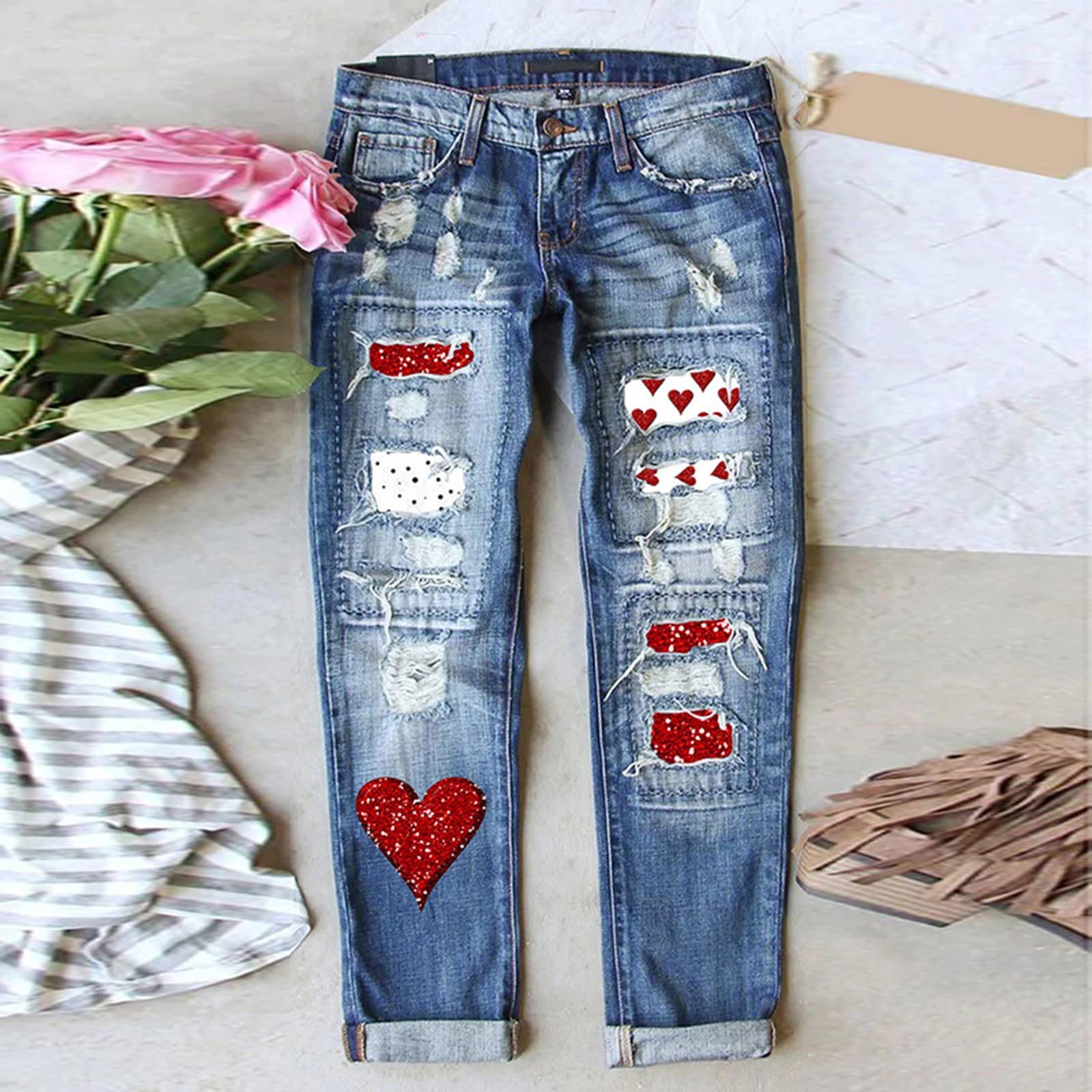 Generisch Mom Jeans Damen, Winter Valentinstag Jeans Bedruckte Lochverdickte Hose Tumbler Kleidung