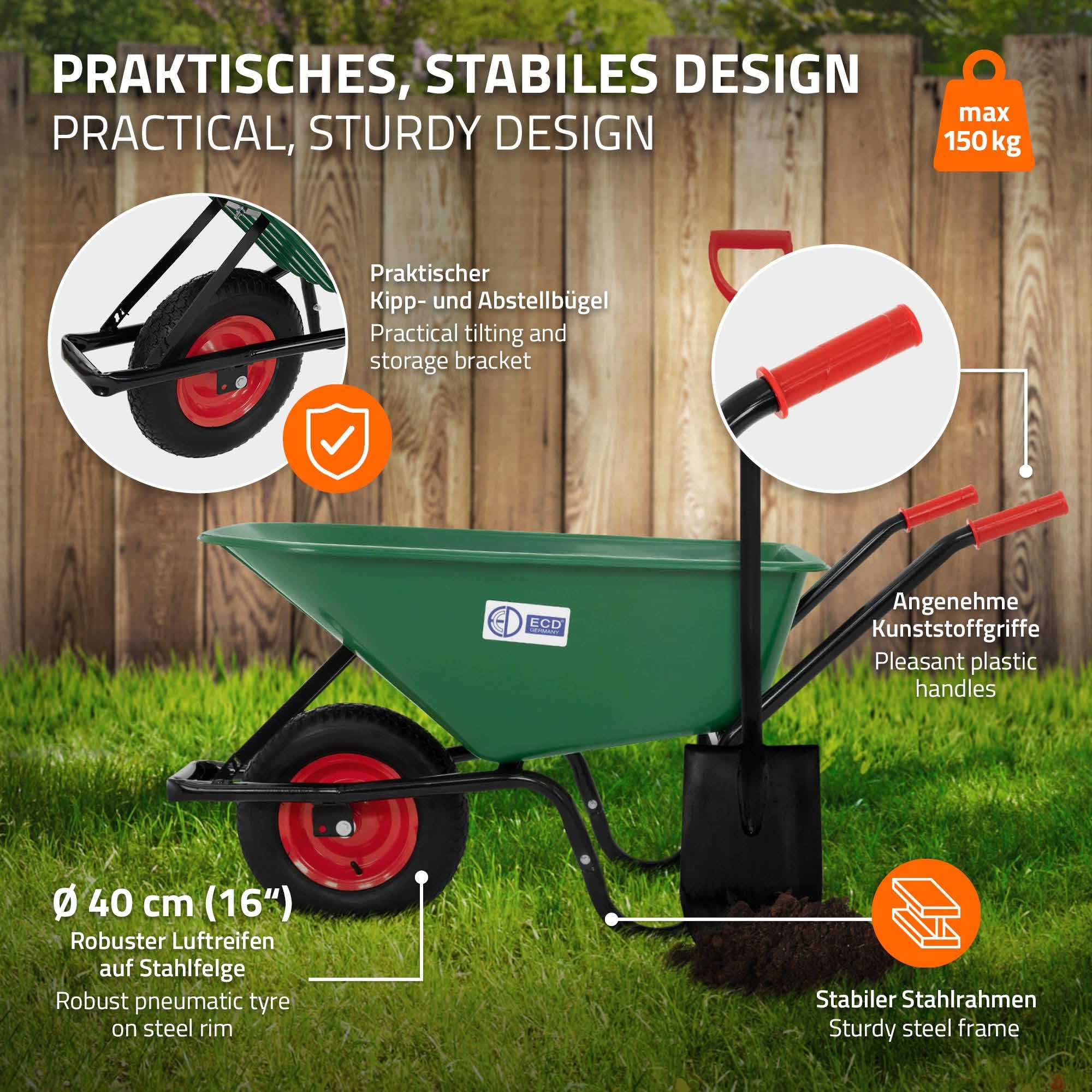 ECD Germany Carriola da Giardino con Telaio in Metallo e Vasca in Polipropilene Verde Capacità 100 L 150 kg per Trasporto con Ruota in Gomma Pneumatico Diametro 40 cm 16" Manici Lunghi