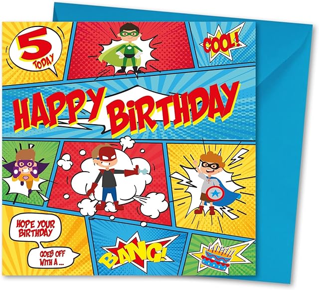 Birthday Card for Boy Age 5. Birthday Card with Matching Envelope. Comic Strip design. Card size 148x148mm. Eco-friendly. Message inside. Printed and Packed in UK.