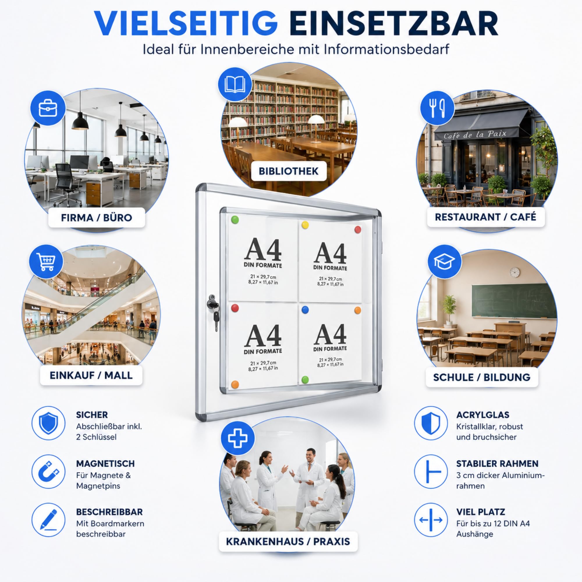 Vitrina exclusiva con material de montaje – Caja informativa – Parte posterior magnética & escribible – Puerta doble con cerradura de cilindro – Marco de aluminio (para 12 x A4)
