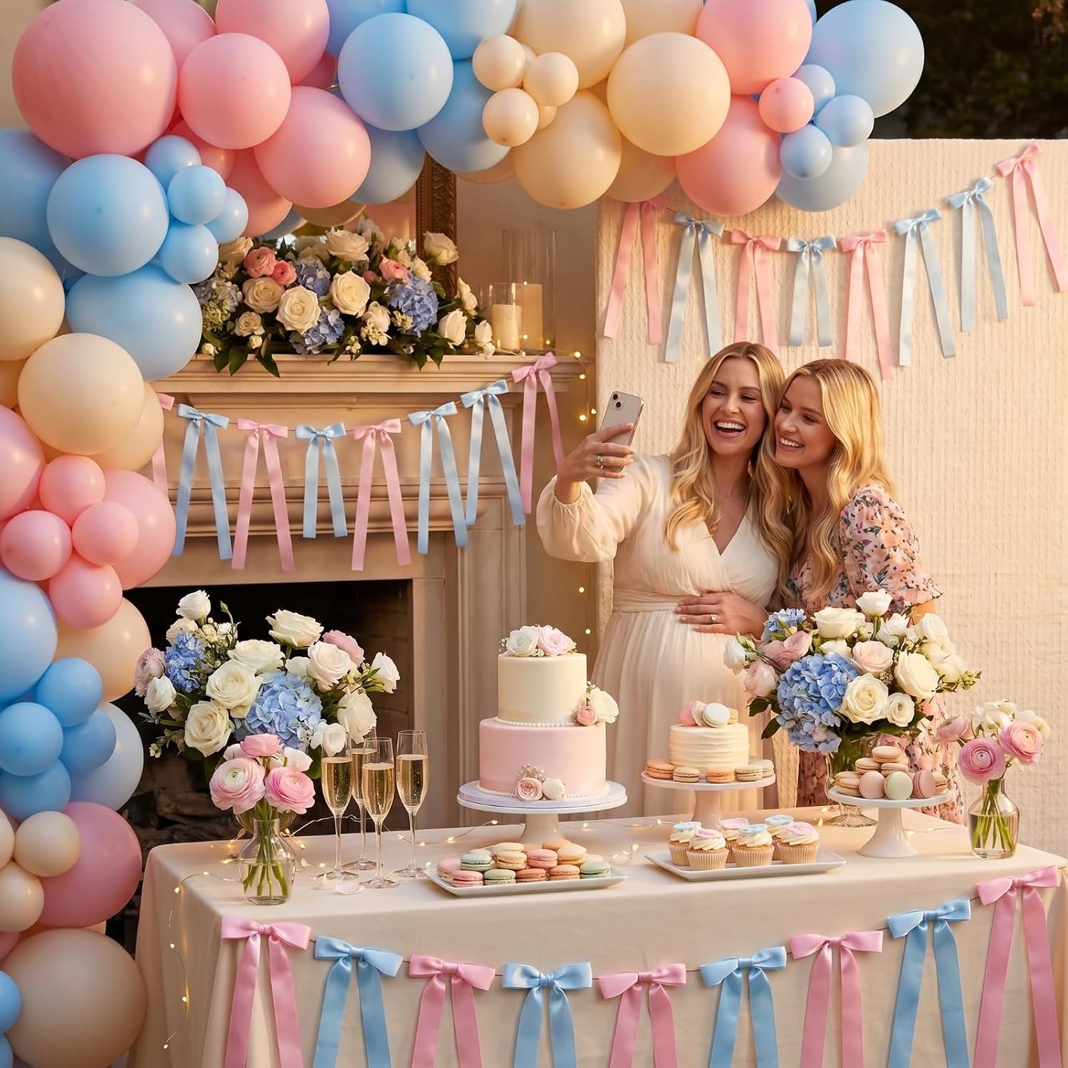 Janinka 6.56 ft Gender Reveal Party Decor 2 Sizes Pink Blue Bow Garland Banner Baby Shower Pre Strung Satin Bow Banner Hanging Decorations for Birthday Wedding Tea Party Bedroom Decor