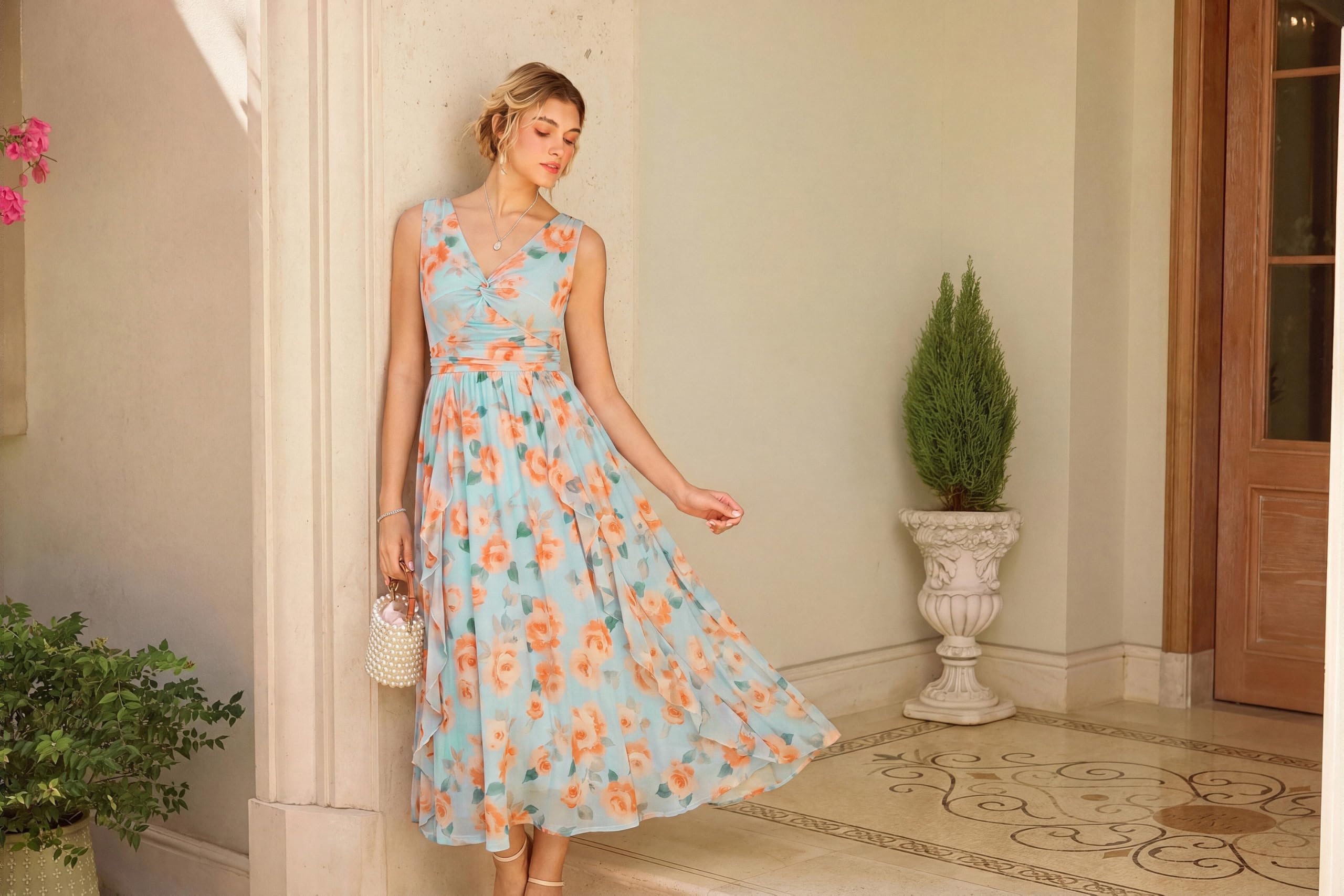 GRACE KARIN Vestido de verano para mujer, informal, cuello en V, sin mangas, flores con volantes, invitados de boda, línea A, vestido largo envolvente