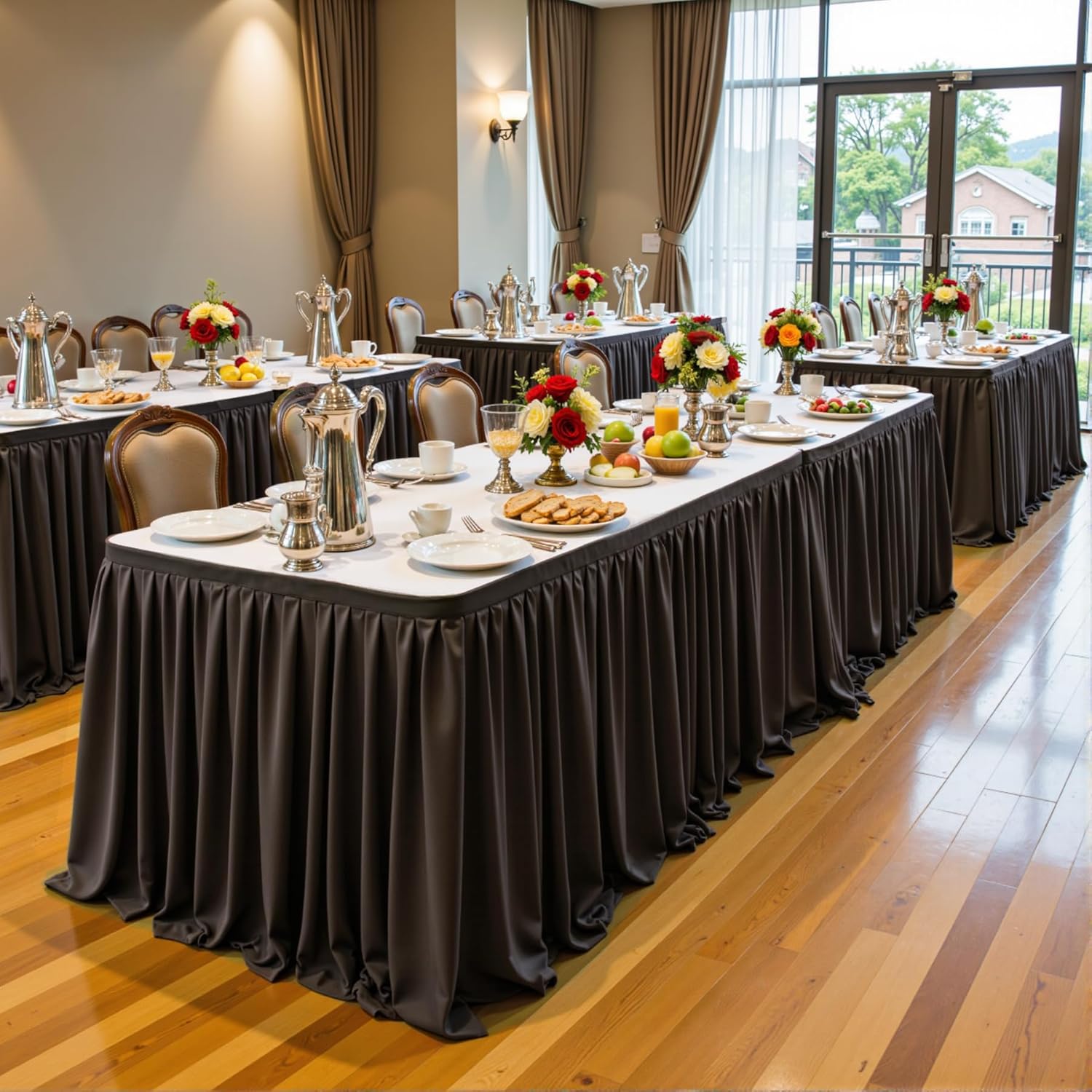 Brown Table Skirt for Rectangle Tables 9ft Desk Skirt for Teacher Desk Classroom Ruffle Polyester Fabric Desk Skirts for Bridal Baby Shower Birthday Party Graduation Banquet Wedding, 2Pack