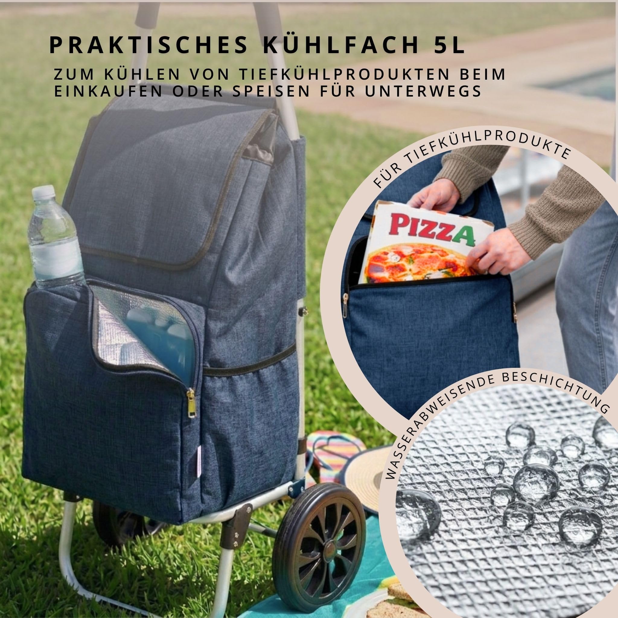Einkaufstrolley klappbar mit Kühlfach, Einkaufshilfe Aluminium leicht, Einkaufswagen Shopper Trolley rückenschonend, inkl. Regenschirm (Navy Blau)