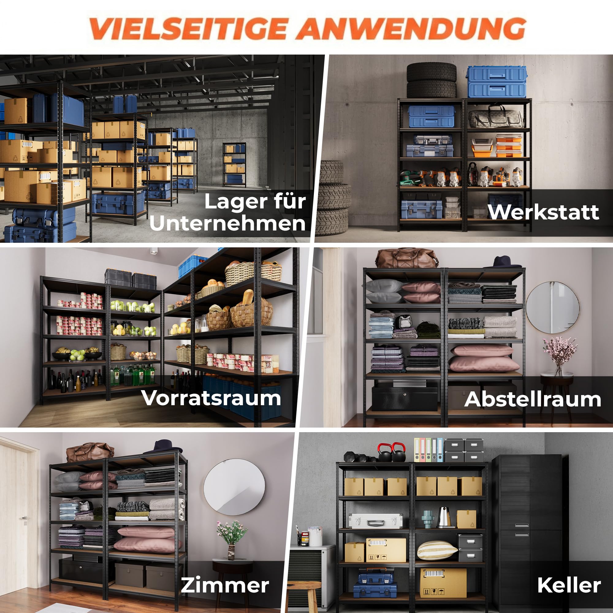 Premium Schwerlastregal 180x90x60 cm Schwarz 1250kg Traglast – stabiles Regal 90 cm breit & Schwerlastregal 60 cm tief, Regal 60 cm tief geeignet als kellerregal 60 tief, lagerregal 60cm tief