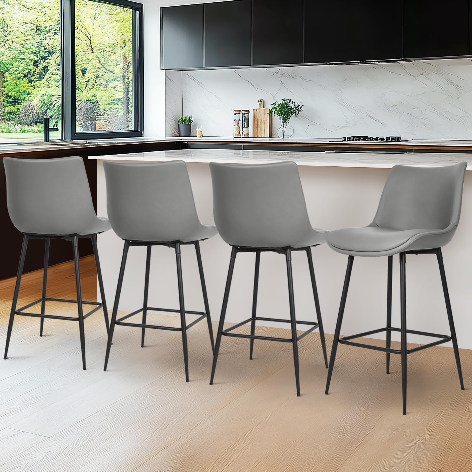 VATROS Counter Height Bar Stools Set of 4, FSC Certified Upholstered Faux Leather Bar Stools Set of 4 with Back, Metal Base, 27" Seat Height, Modern