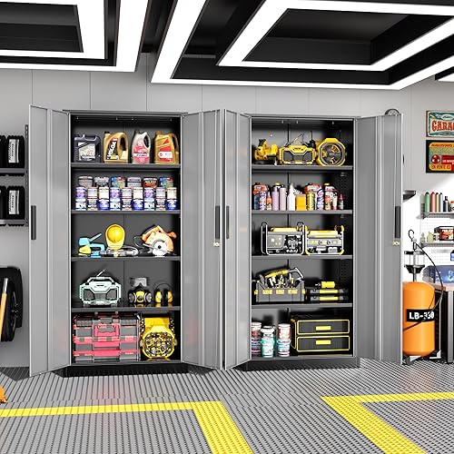 Vista 33 de Greenvelly Armario de almacenamiento de metal para garaje, armario de almacenamiento con cerradura de 72 pulgadas con estantes ajustables, Negro