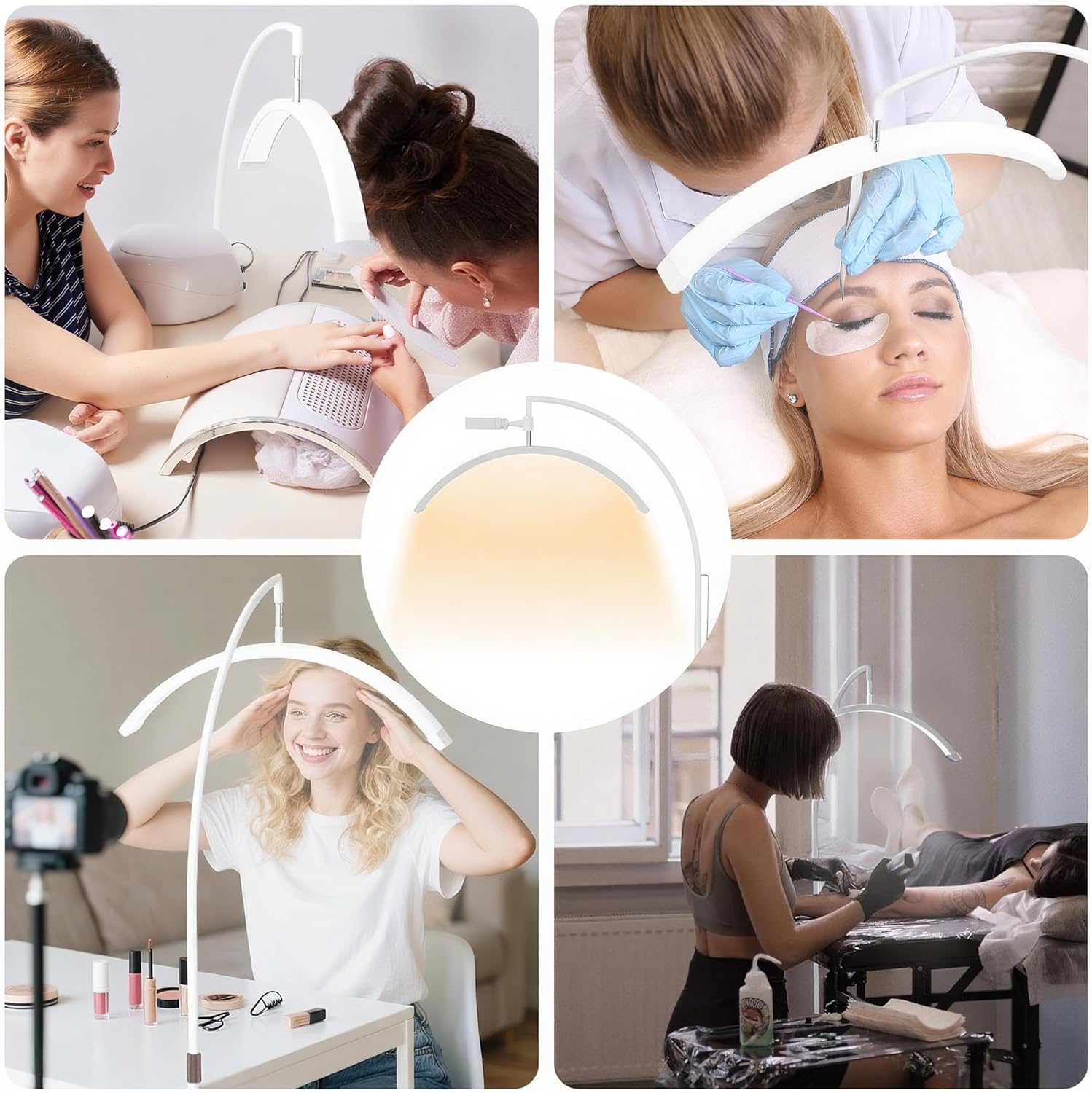 Lash Light 23 inch Floor Lamp for Eyelash Extensions Standing LED Half Moon Lights for Nail Art, Tattoos, Skincare with Adjustable Brightness & Height & Movable Tray & Phone Holder.