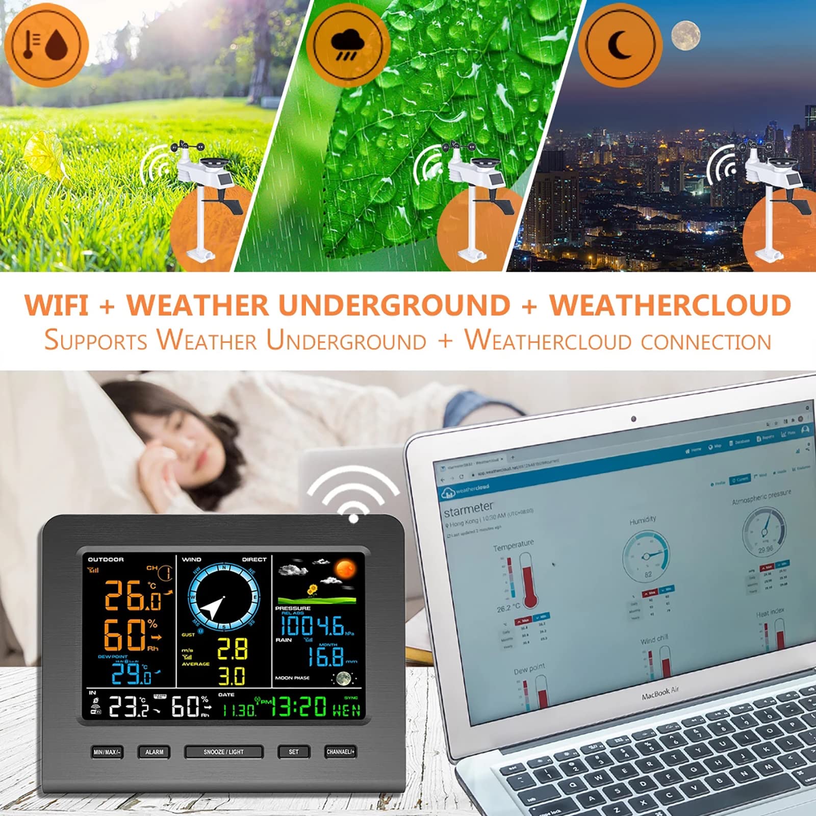 Stazione meteorologica WiFI digitale 8 in 1, Stazione meteorologica wireless con sensore wireless, Velocità del vento, Direzione del vento, Pioggia, Temperatura, Umidità, Barometrica, Illuminamento
