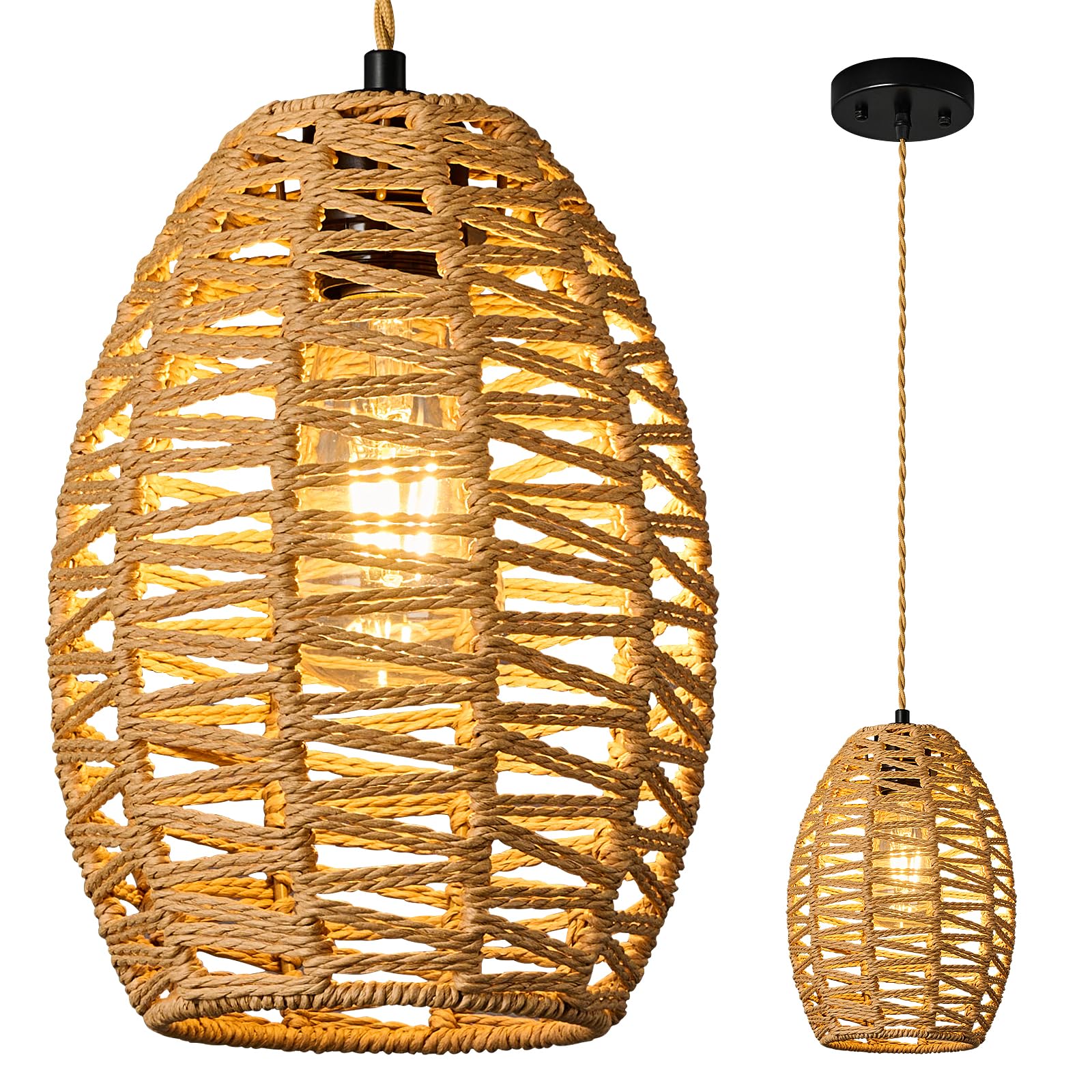 ZPBSJ Brown Rattan Pendant Light Kitchen Island Chandelier Height Adjustable Boho Lamp E27 Basket Lamp for Farmhouse Living Room (1Pack)