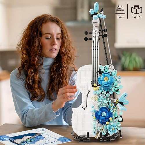 Miniatura 4 de Flower Violin Building Set Toys, 1419+ Pieces Instrument Building Block Set Compatible with Lego Adult, Violin Model Toy Gift for Adult