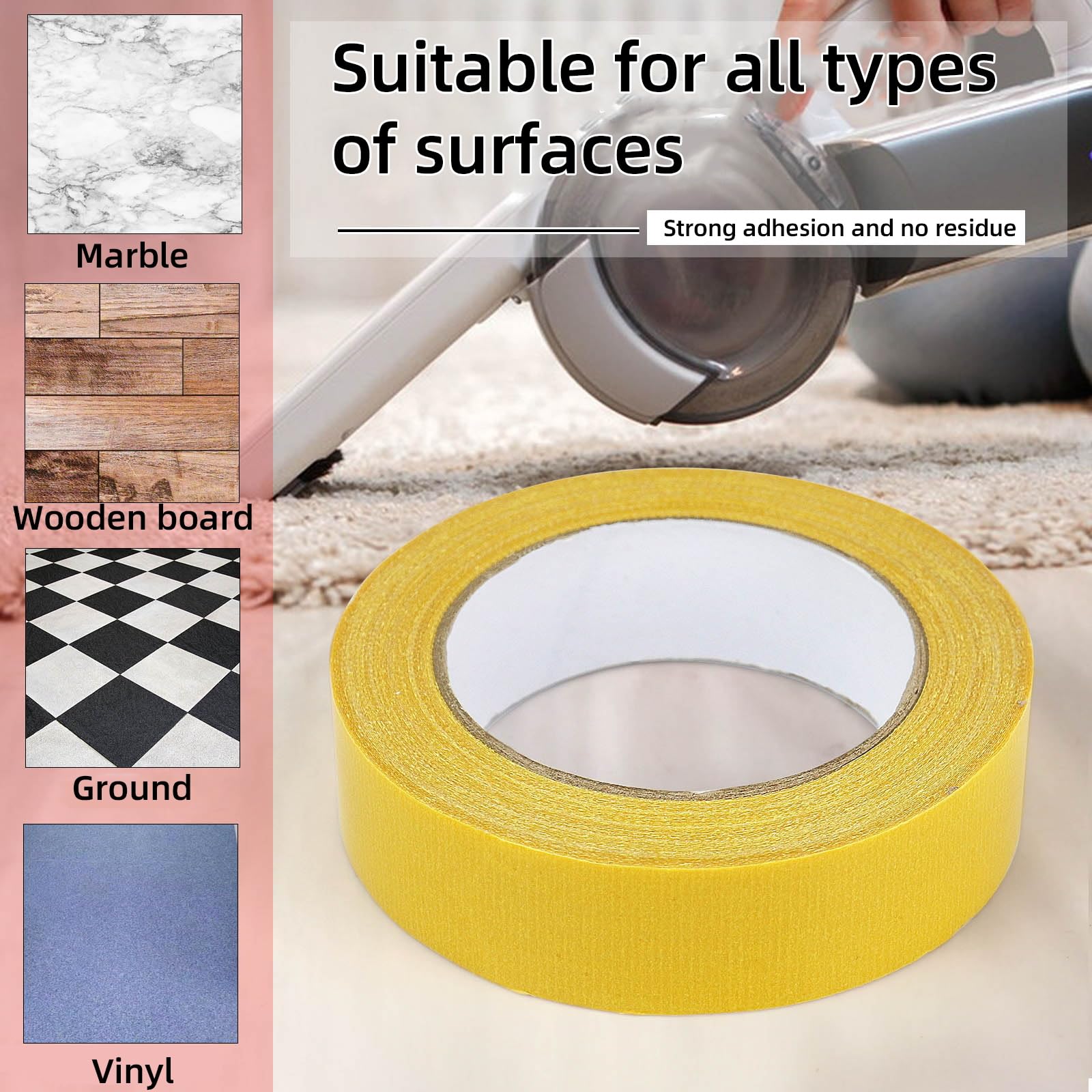 BOMEI PACK Lot de 3 rouleaux de ruban adhésif double face en papier jaune 35 mm x 20 m super adhésif pour tapis, sol, décoration murale et loisirs créatifs