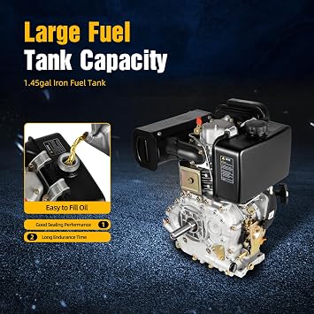 418cc 10HP Diesel Engine, 4-Stroke Diesel Engine 6300W, Shaft Diameter: 25mm, 1.4 Gallon Tank, Powerful Performance Air-Cooled Gasoline Engine
