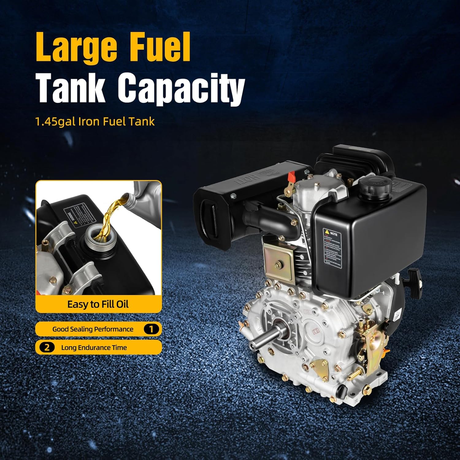 4 Stroke Diesel Engine Motor, 418CC 10HP Single Cylinder Air-Cooled Diesel Motor with Fuel Tank 6.3KW Horizontal Shaft 4 Stroke OHV Gas Motor for Go Cart Mini Bike Lawn Mower Cement Mixer