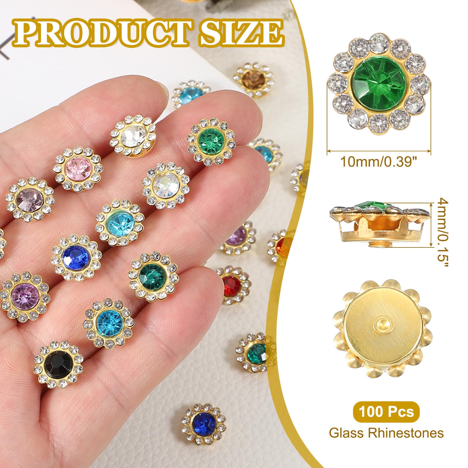 PATIKIL 100 Pcs Sew on Rhinestones Crystals 10mm 2 Layers Sewing Sunflower Flower Claw Rhinestones Crystals Glass Gems Metal Base for Wedding Dress Clothes Crafts Decoration Light Green - Image 2