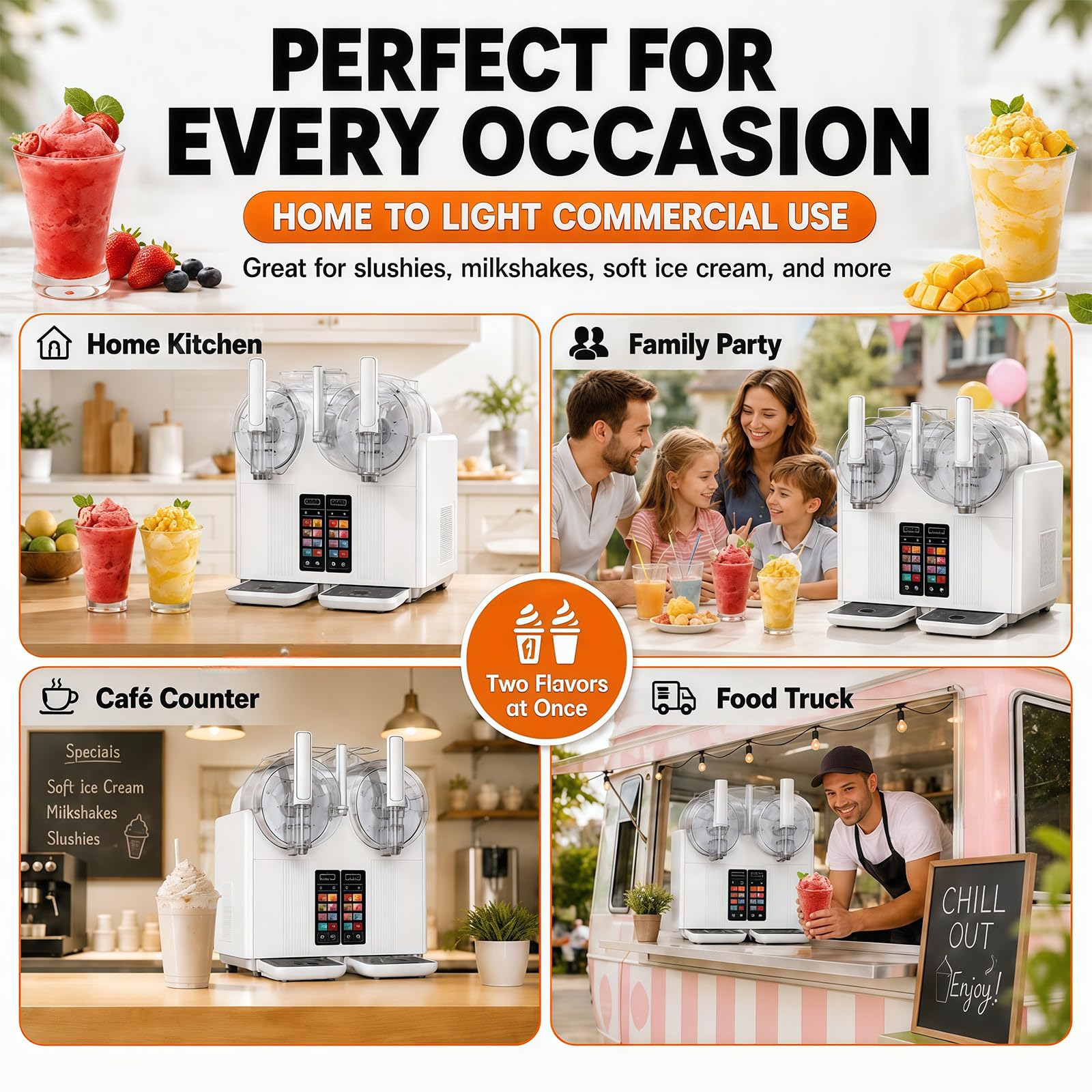 Máquina de Granizados Profesional y Helado Soft 2 en 1, Granizadora de Slush de Doble Tanque con Pantalla Táctil, Dispensador para Sorbetes, Yogur Helado y Bebidas Frías White