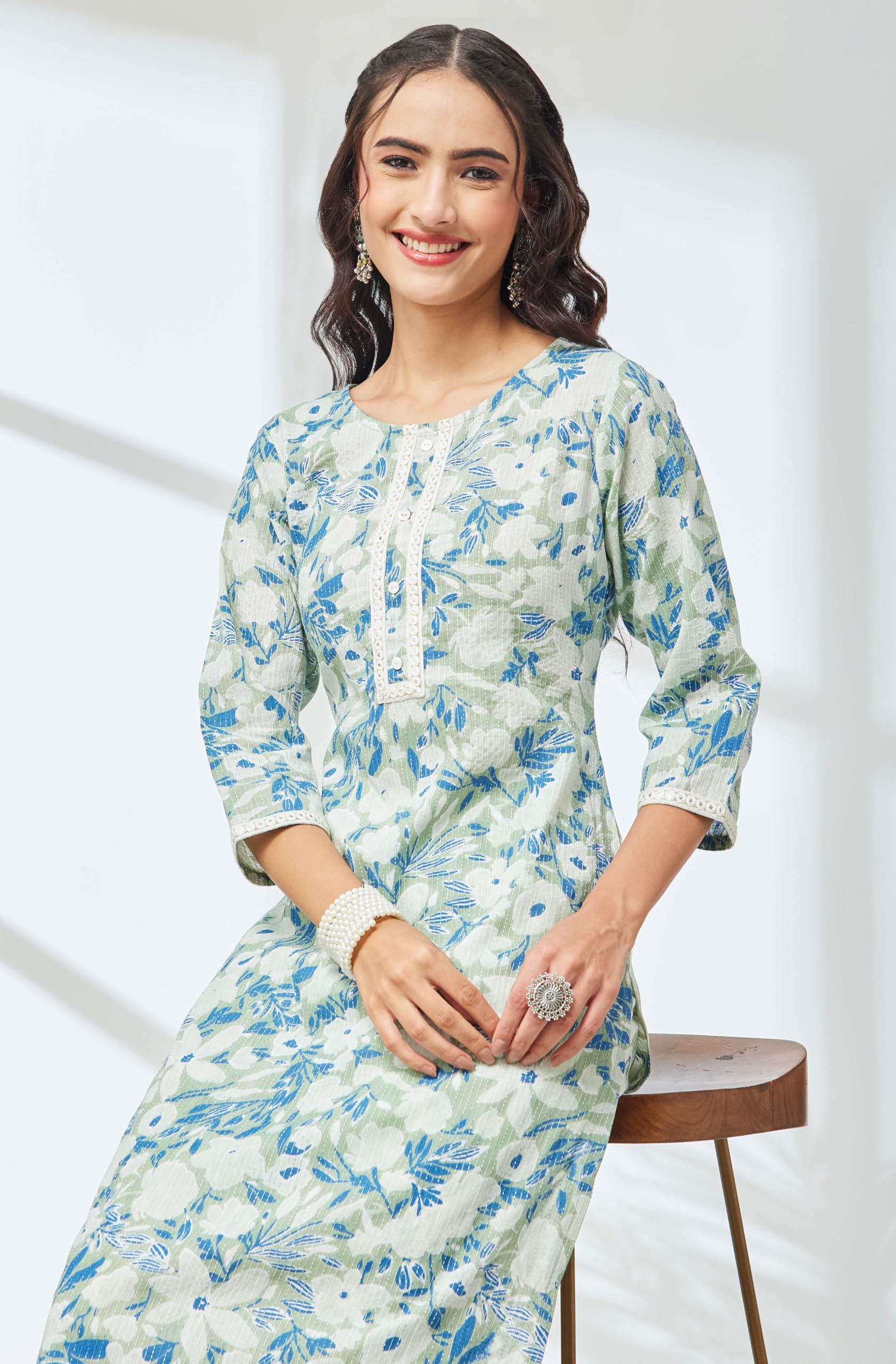 Janasya Women's Sage Green Pure Cotton Yoke Embellished Floral Printed Straight Kurta With Pant Set