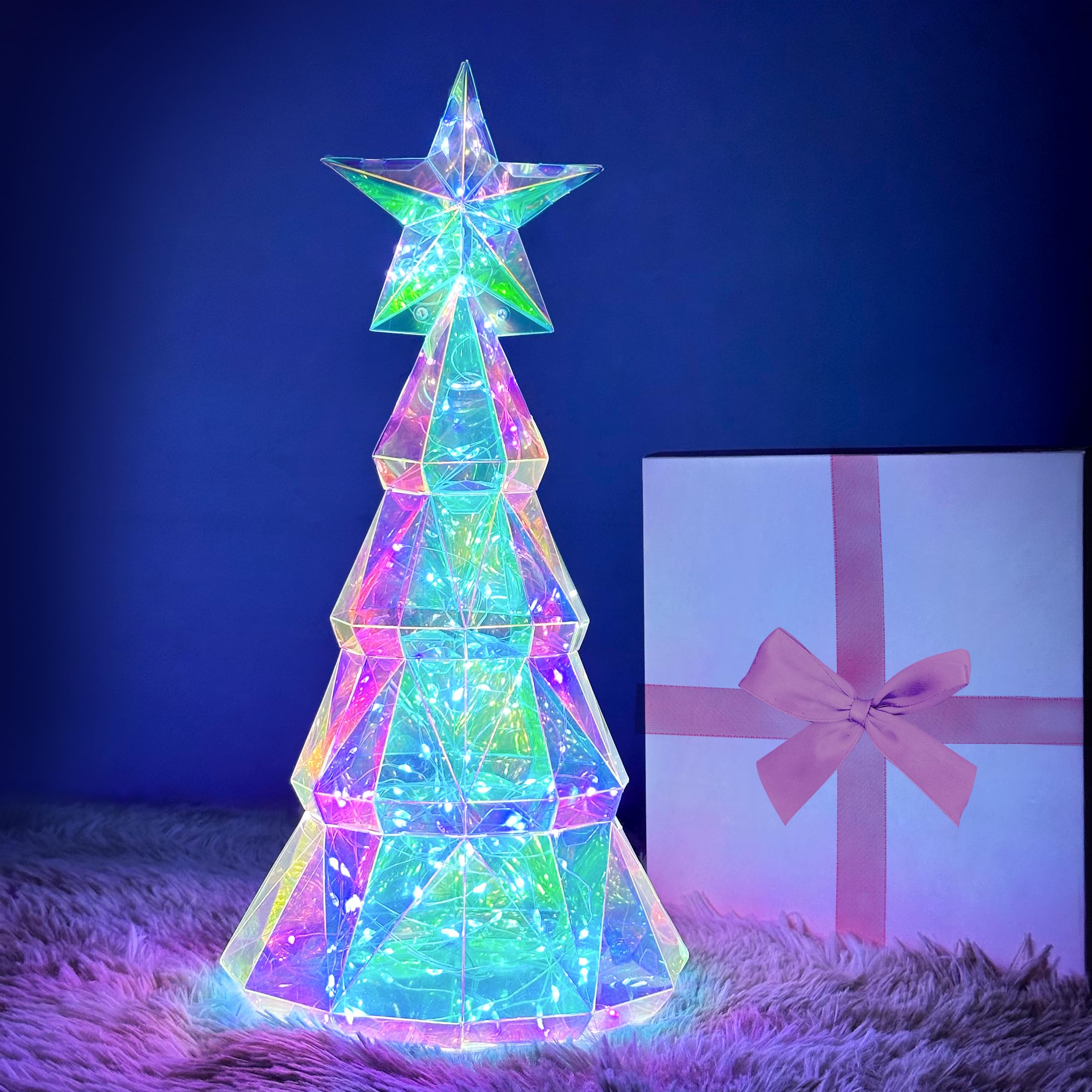 Prismatic Iridescent Christmas Tree Decorations Desktop Christmas Tree with LED Lights Rainbow Glow Lights Prismatic Christmas Decorations Table Centerpiece Indoor for Home Office Decor