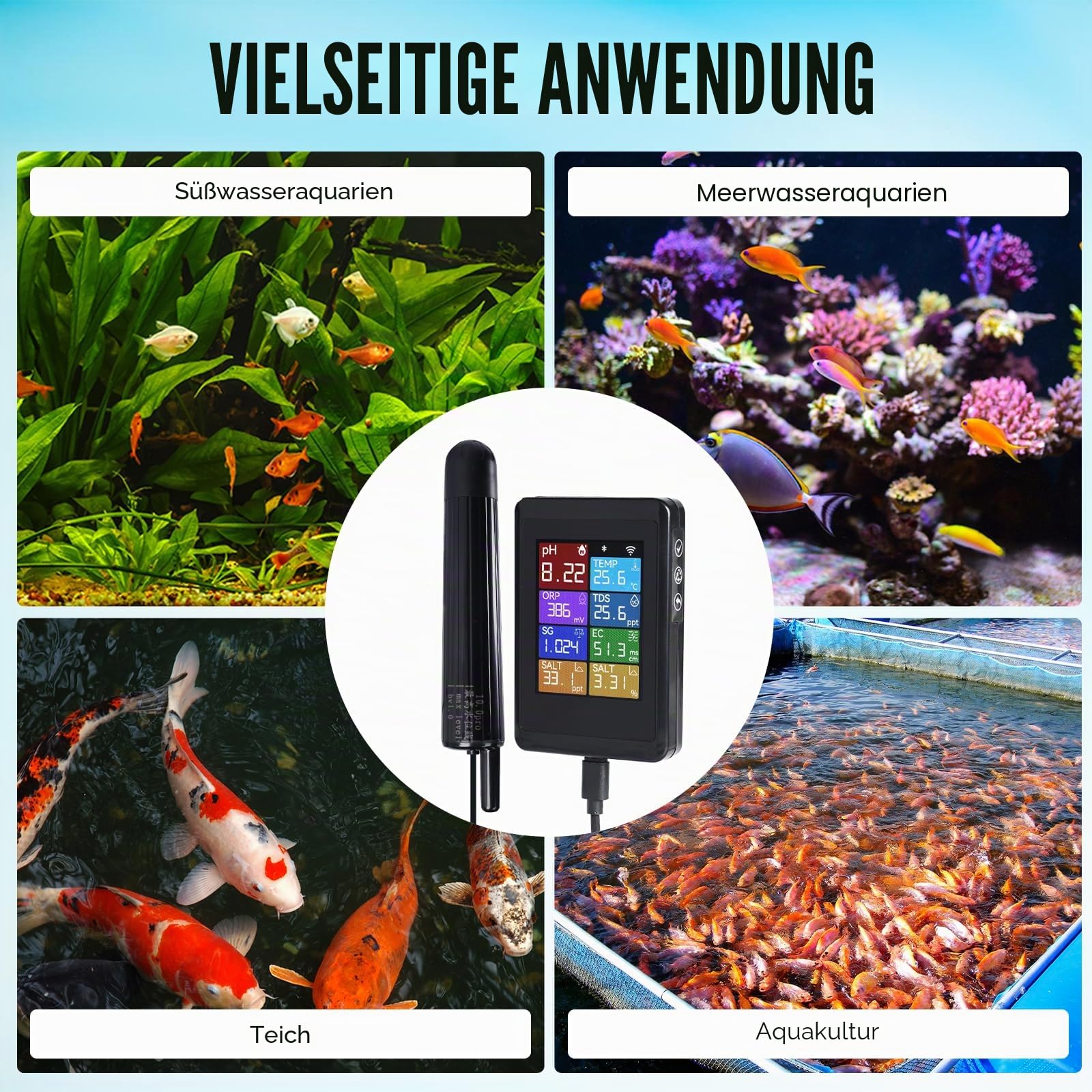 TEKCOPLUS Digitales pH-Messgerät, WLAN, Wasserqualitätsmonitor mit Sonde für Aquarien, Hydrokultur, Schwimmbäder, Teiche, Laboratorien, 8-in-1, misst pH Temp TDS EC Salzgehalt ORP SG